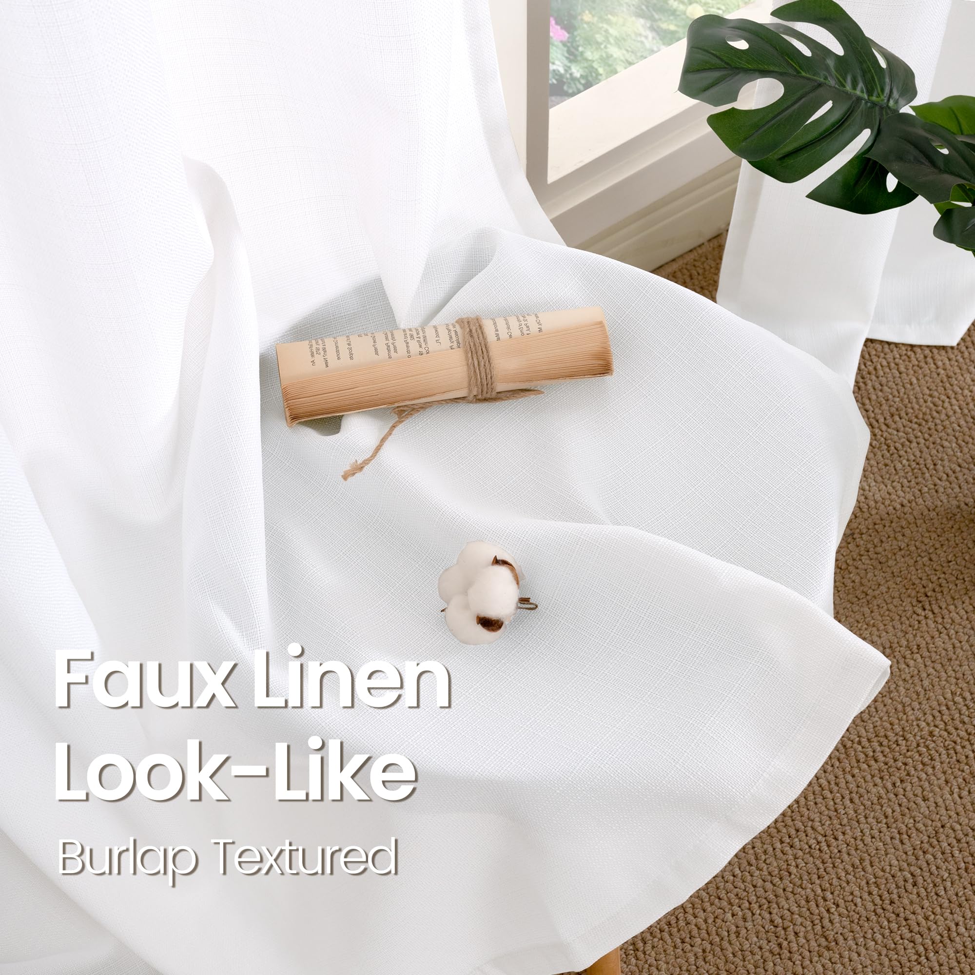 Bgment Faux Linen Pure White Curtains 90 Inches Long Set Of 2 Panels, Living Room Long Curtains Burlap Textured Thick Light Filtering Privacy Grommet Window Treatments, 52 X 90 Inch