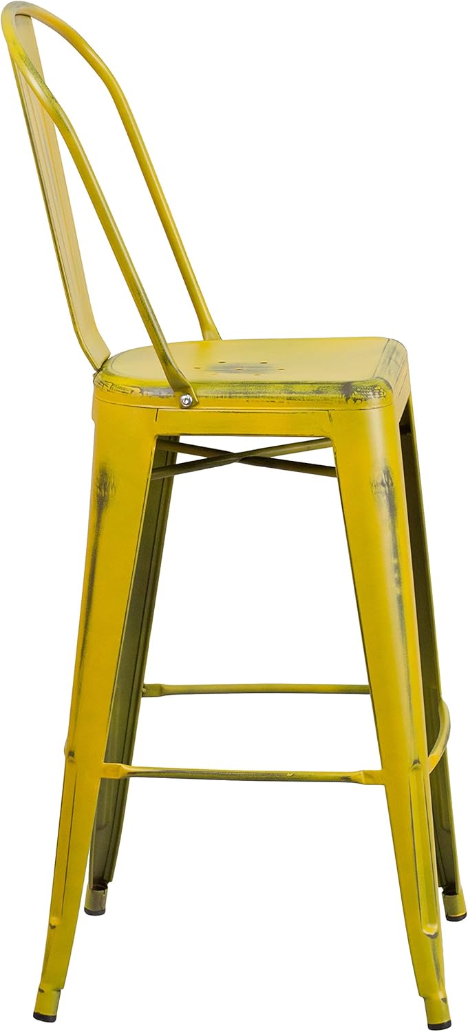 Commercial Grade 30 High Distressed Yellow Metal Indoor-Outdoor Barstool with Back