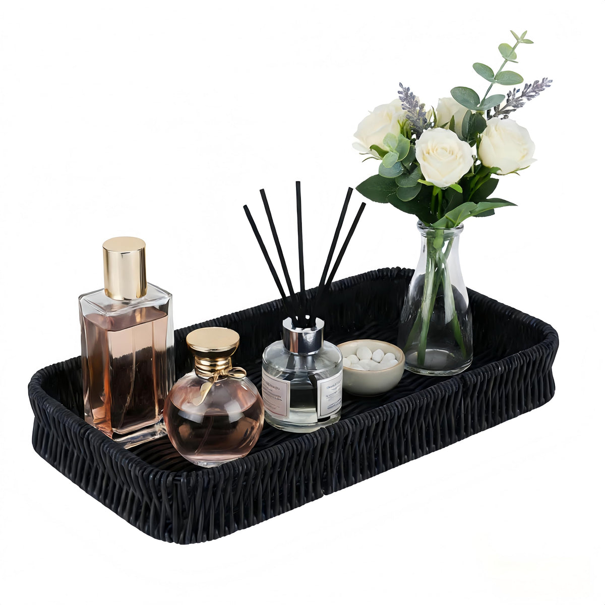 Toilet Tank Tray Storage Basket, Metal Woven Bathroom Basket Decorative Tray for Toilet Paper Storage, Wicker Vanity Organizer B