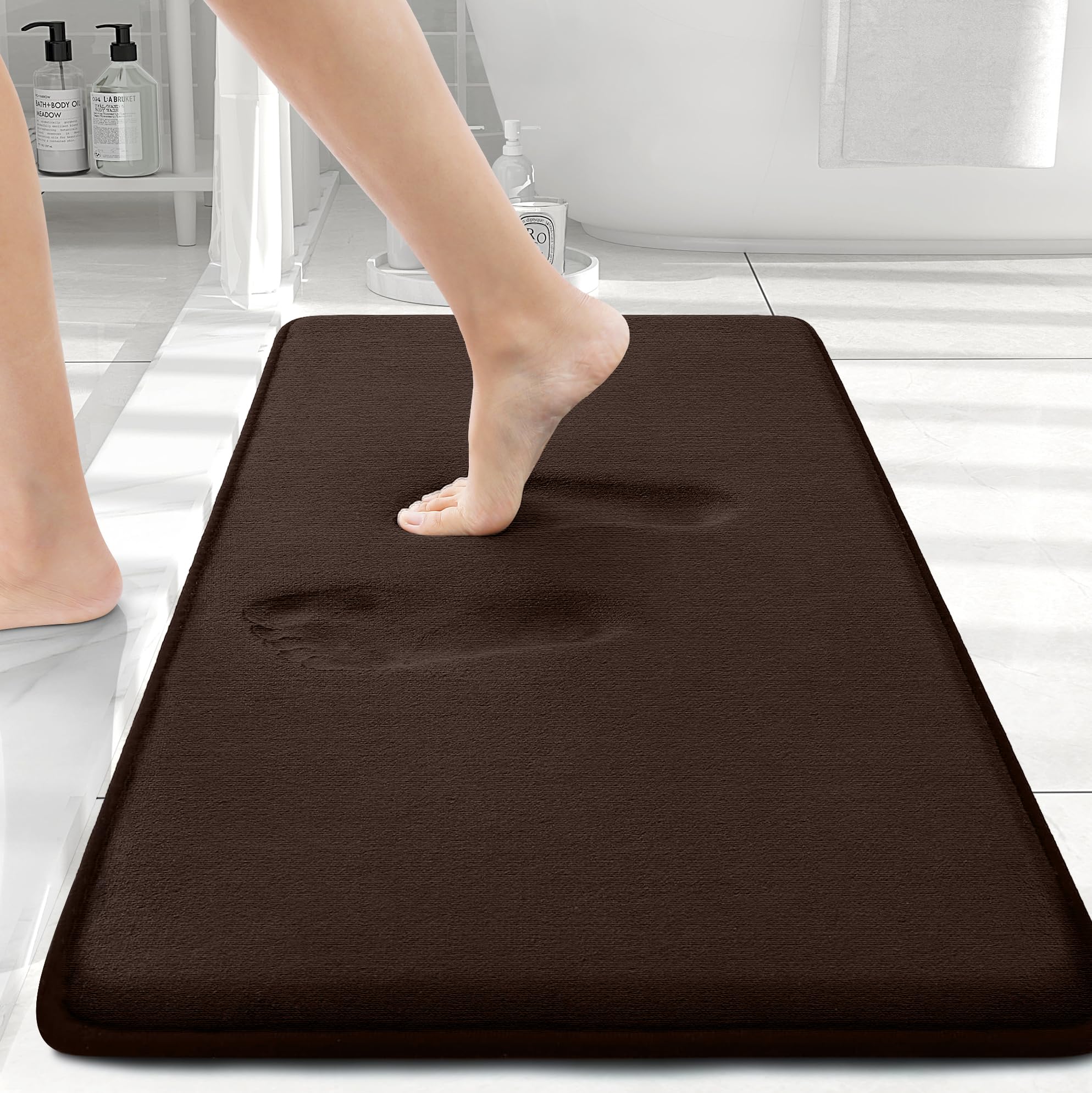 Smiry Memory Foam Bath Mat 24 x 16, Extra Soft Absorbent Bathroom Rugs Non Slip Bath Rug Runner for Shower Bathroom Floors, Brow