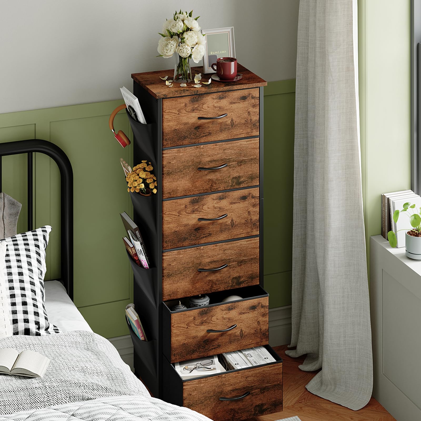 Somdot Tall Dresser For Bedroom With 6 Drawers And Side Pockets, Storage Organizer Chest Of Drawers With Fabric Bins For Closet Bedside Nursery Living Room Entryway Hallway, Wood Grain Print