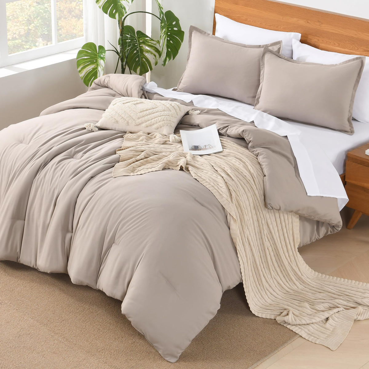 Andency Full Size Comforter Sets - 7 Pieces Bed In A Bag Full Beddding Comforter Sets Oatmeal, Winter Solid Soft Lightweight Comforter With Fitted Sheets, Flat Sheets, Pillowcases & Shams