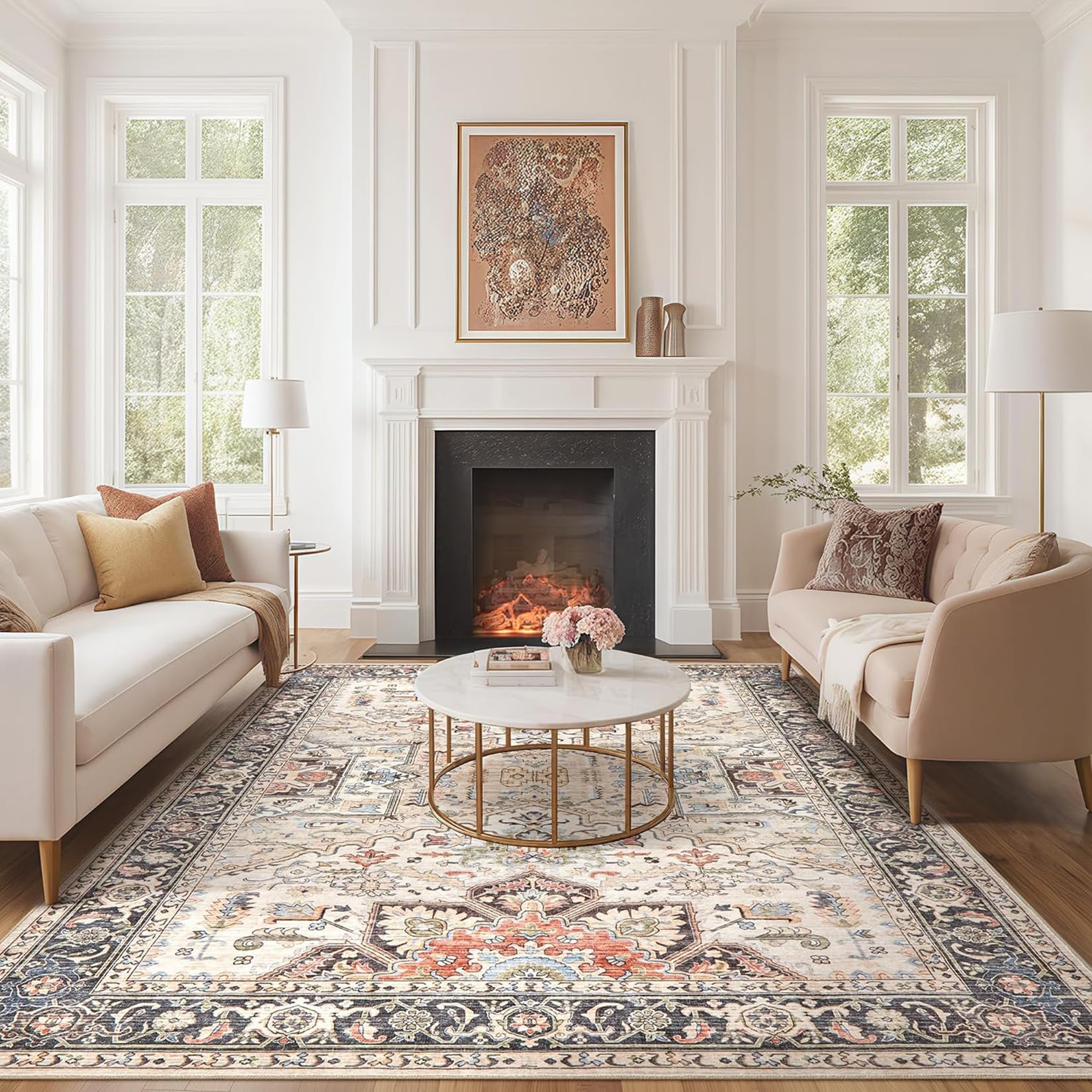 Homewill Area Rug Living Room Rugs - 6X9 Soft Machine Washable Oriental Vintage Floral Distressed Rug Large Indoor Floor Carpet