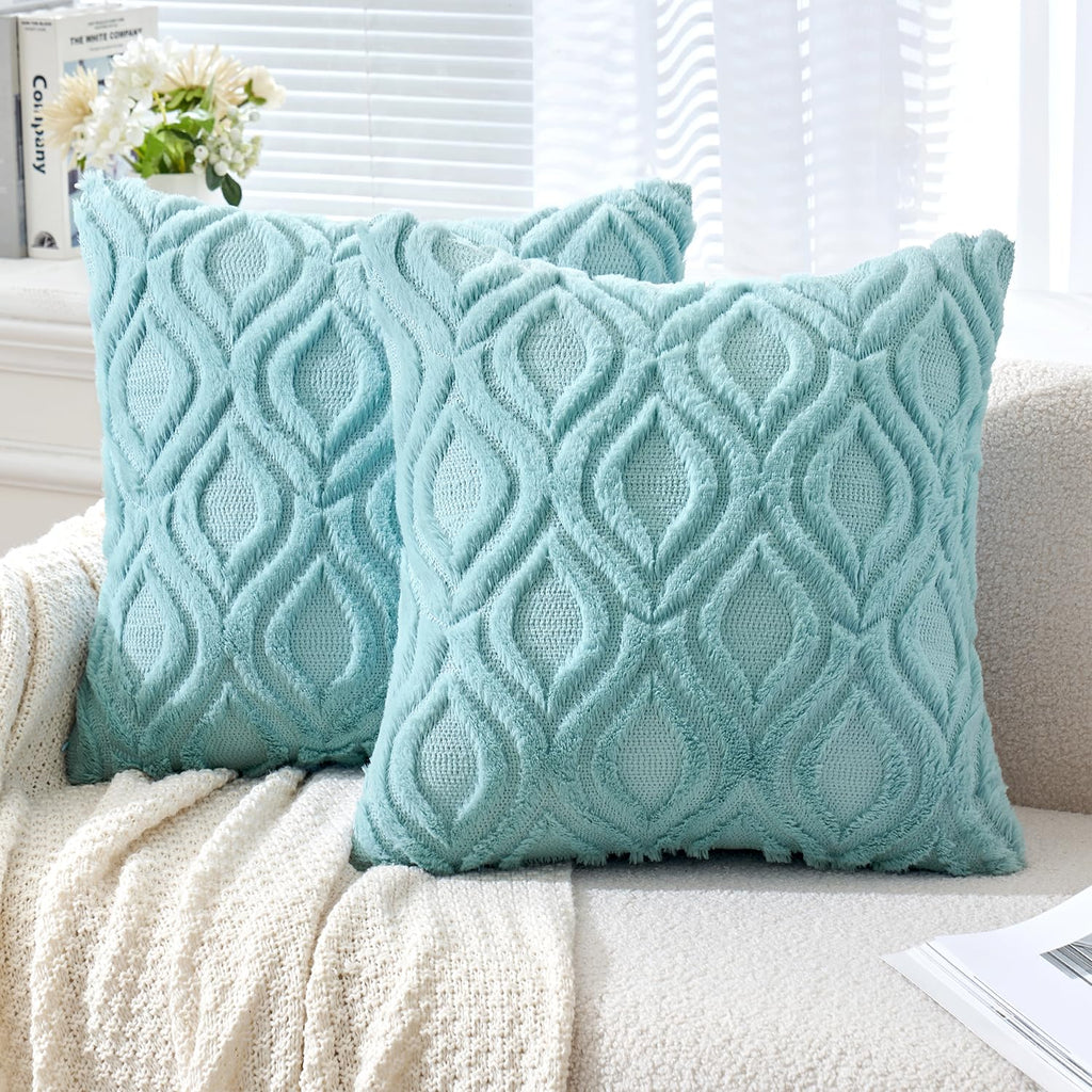 Miulee Sky Blue Throw Pillow Covers 20X20 Inch, Soft Winter Plush Faux Wool Couch Pillow Covers Set Of 2 Decorative Farmhouse Boho Throw Pillows For Sofa Living Room Bed