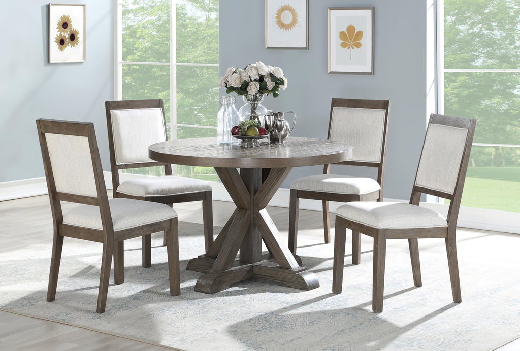 Steve Silver Furniture Molly 5pc Dining Set, 48" Round Dining Table w/ 4 Upholstered Side Chairs w/ Padded Seats and Backs, Dining Room, Hardwood Solids and Oak Veneers, 48"L x 48"W x 30"H, White, Tan