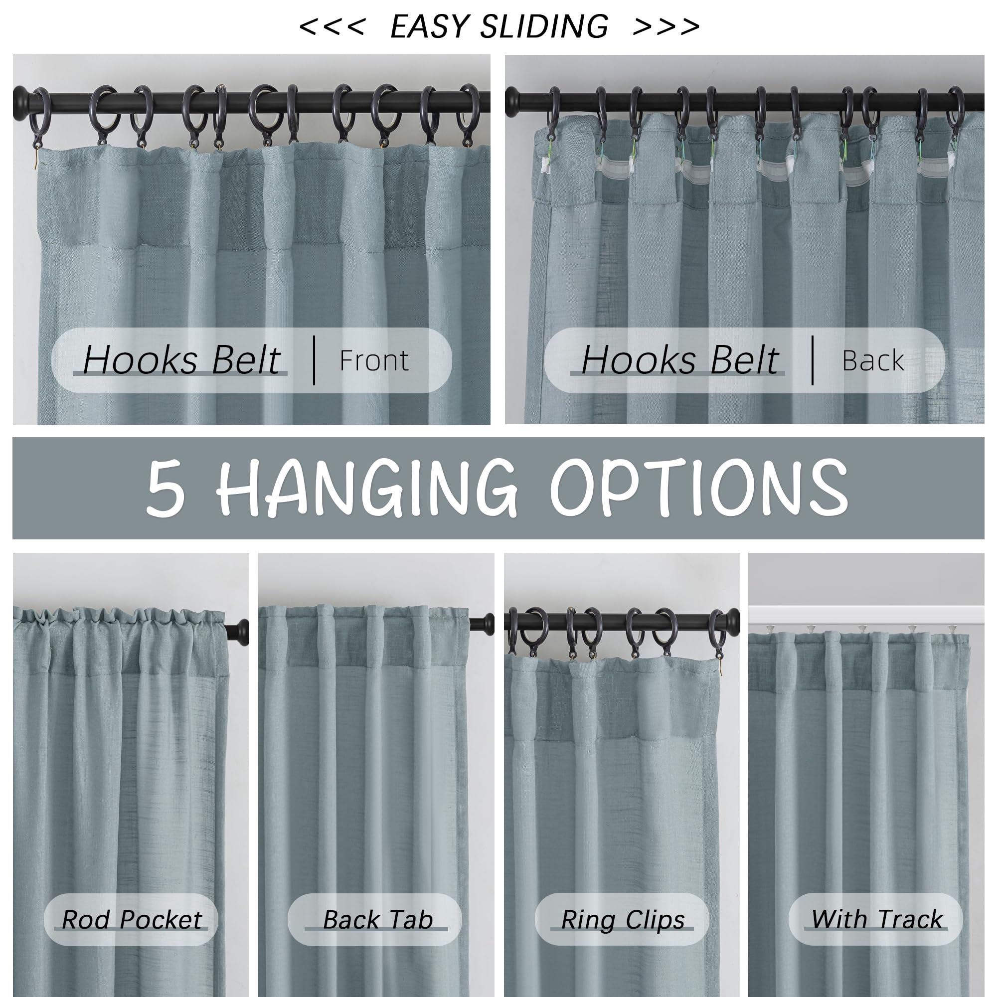 Donren Stone Blue Linen Back Tab Curtains 108 Inches Long Ceiling To Floor For Large Windows - 2 Panels Set Hooks Belt Pinch Pleated Easy Sliding Curtains Semi Privacy Sheer Drapres 52 X 108 Inch