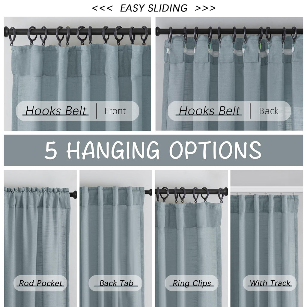 Stone Blue Linen Back Tab Curtains 102 Inches Long 2 Panels Set For High Windows,Rustic Hooks Belt Pinch Pleated Look Easy Sliding Curtains Pocket Light Filtering Semi Privacy Drapres 52 X 102 Inch