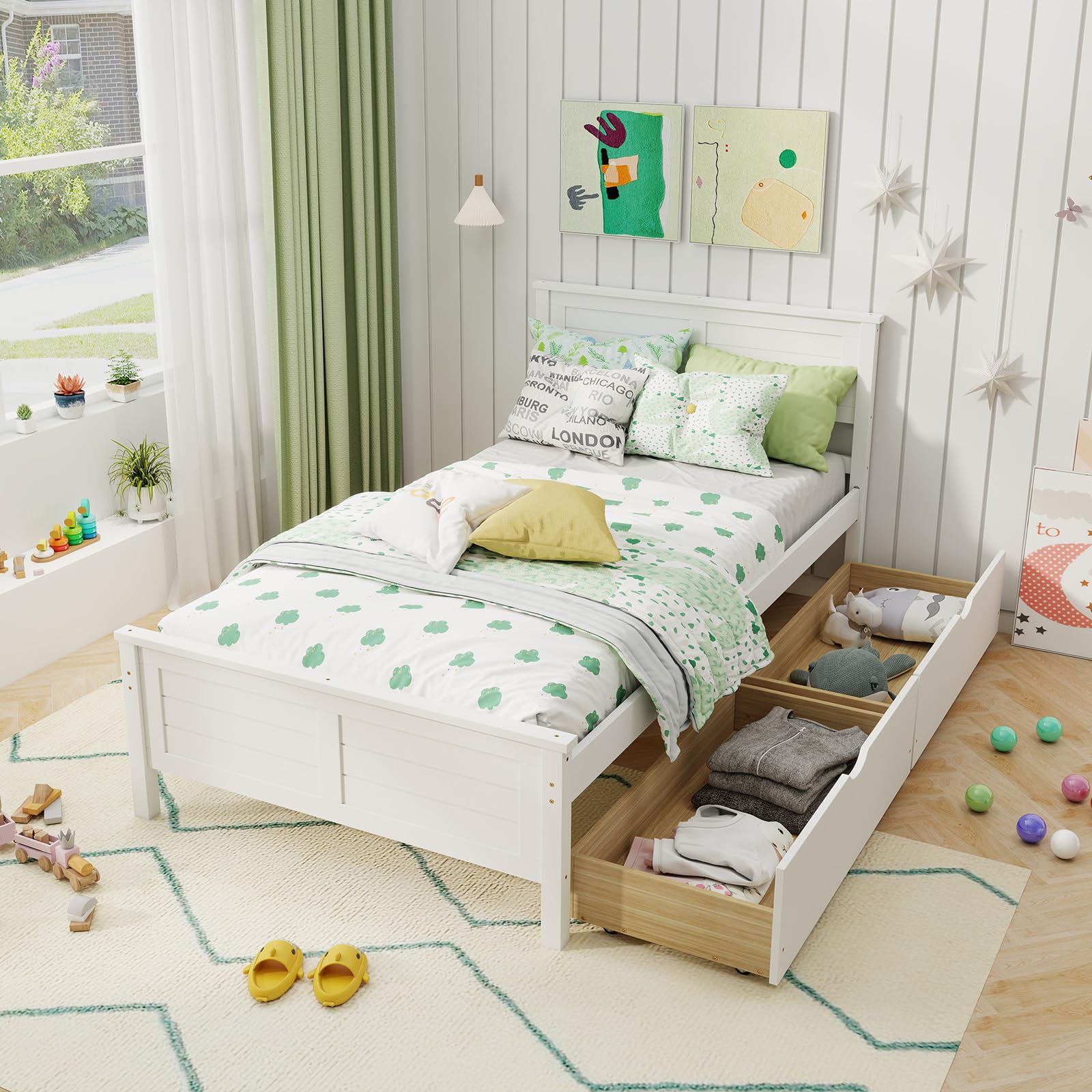 KOMFOTT Twin Size Wood Bed Frame with 2 Storage Drawers, Mid Century Platform Bed Frame with Headboard, Sturdy Wooden Slats Supp