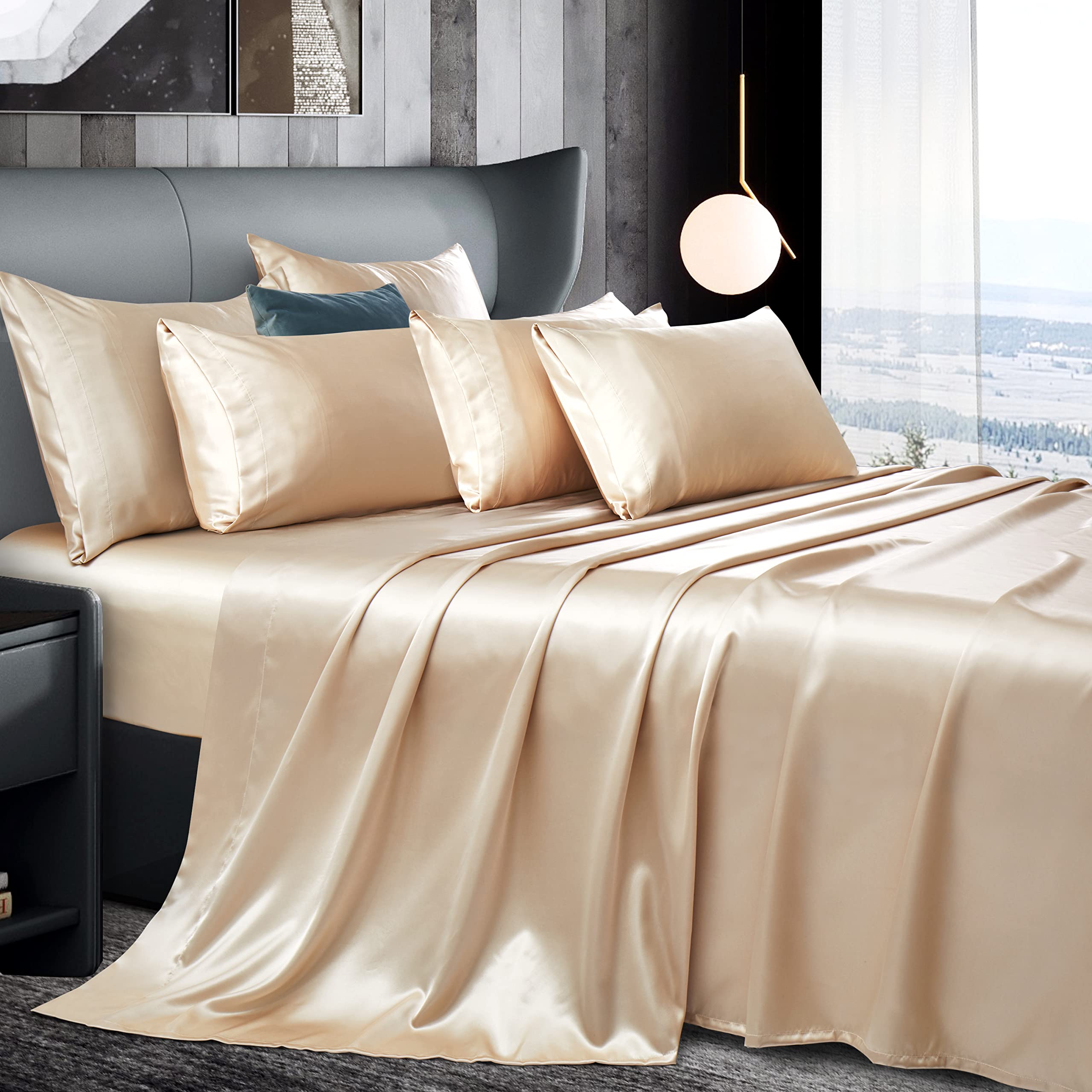 Manyshofu 7Pcs Beige Satin Sheets Queen Size Silky Satin Bed Sheets Set, Luxurious & Soft Satin Bedding Set - 1 Satin Fitted She