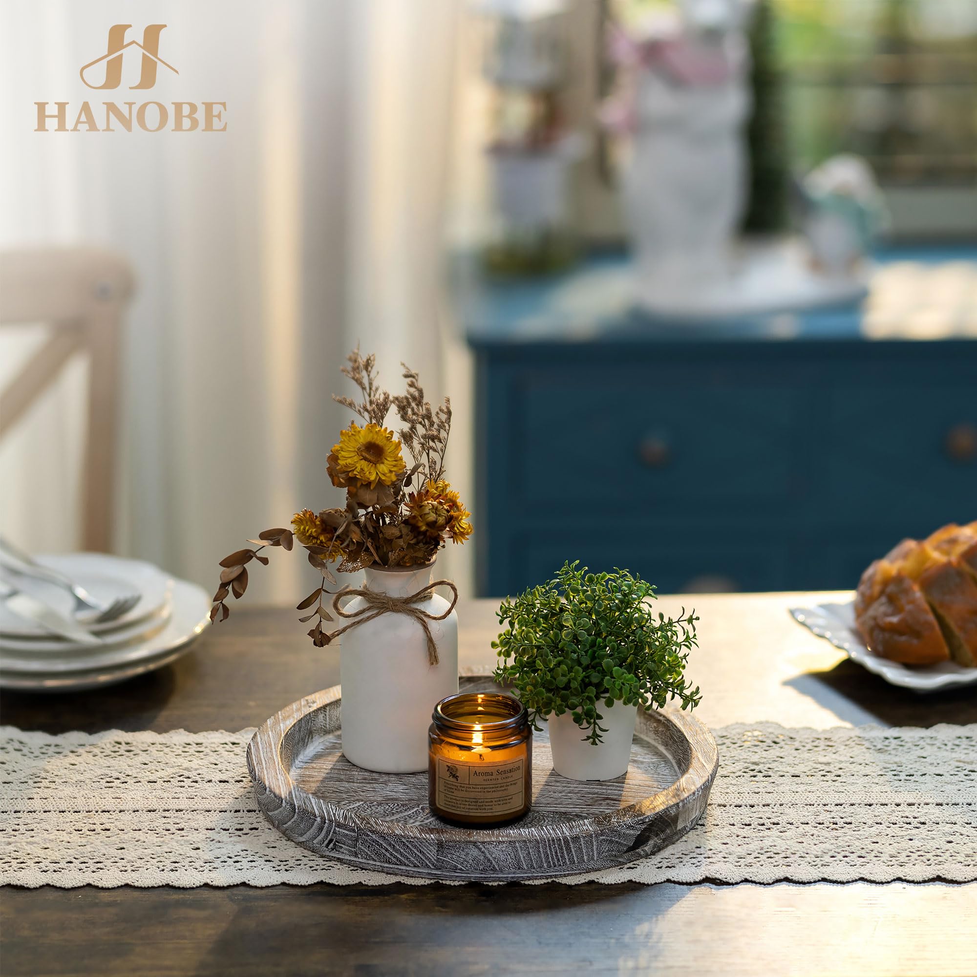 Hanobe Candle Plate Holder Tray: Round Wooden Decorative Candle Plate Small Farmhouse Table Centerpiece Rustic Whitewash Wood Te