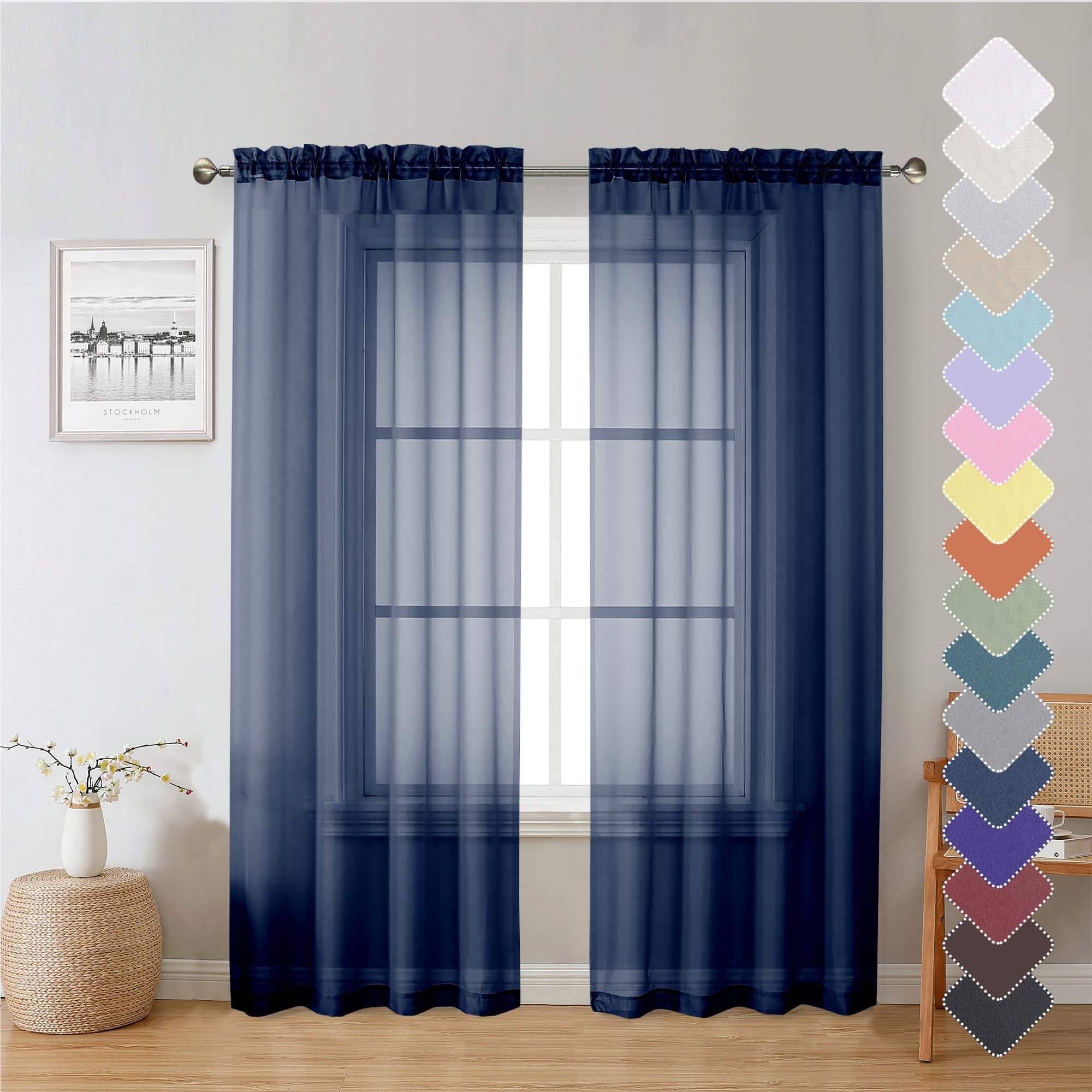 Lecloud Navy Blue Sheer Curtain Panels 72 Inch Length, Light Filtering Window Curtain Drapes Treatment For Living Room, Breathab