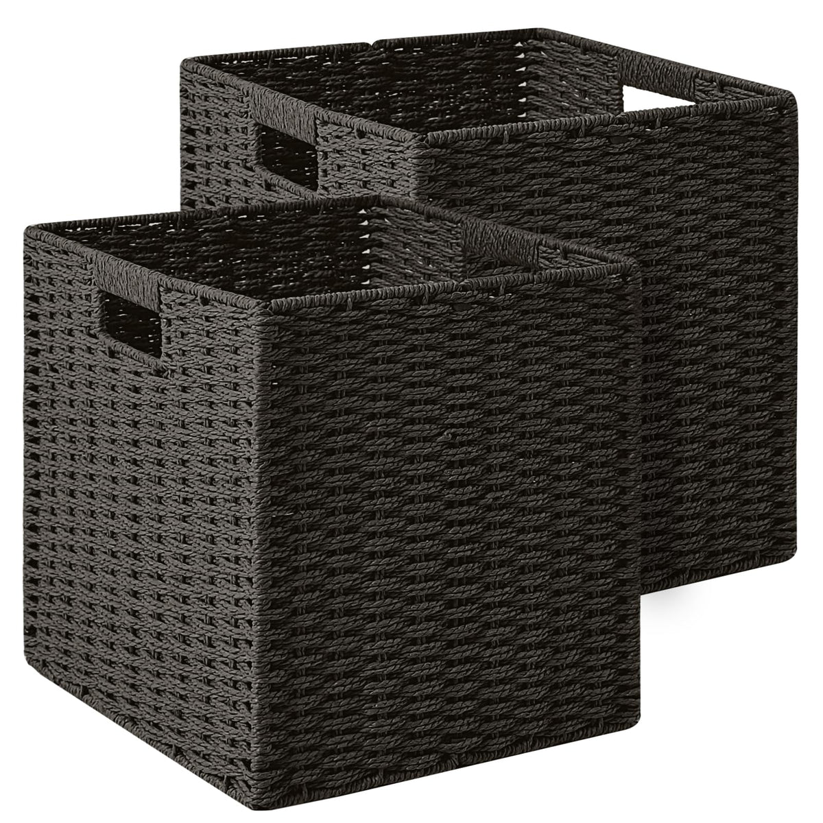 ICERZCZ Black Storage Bins, Wicker Storage Baskets for organizing, Paper Rope Woven Basket for Storage, 11 Inch Storage Cubes bi