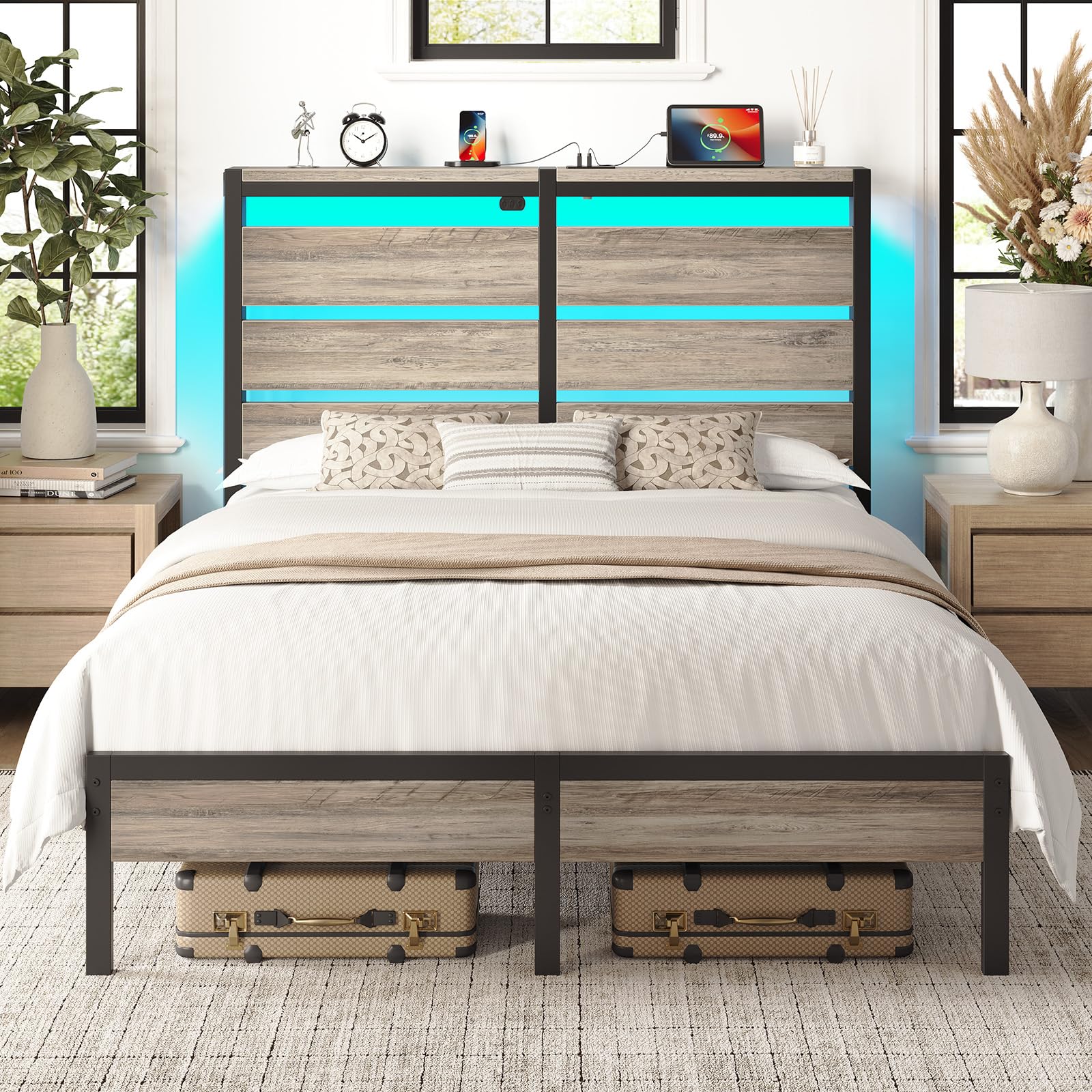 Rolanstar Full Size Bed Frame with LED Lights and Charging Station, Wood Storage Headboard and Under Bed Storage, Metal Platform