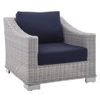 Modway Conway Sunbrella Outdoor Patio Wicker Rattan 2-Piece Armchair And Ottoman Set, Light Gray Navy