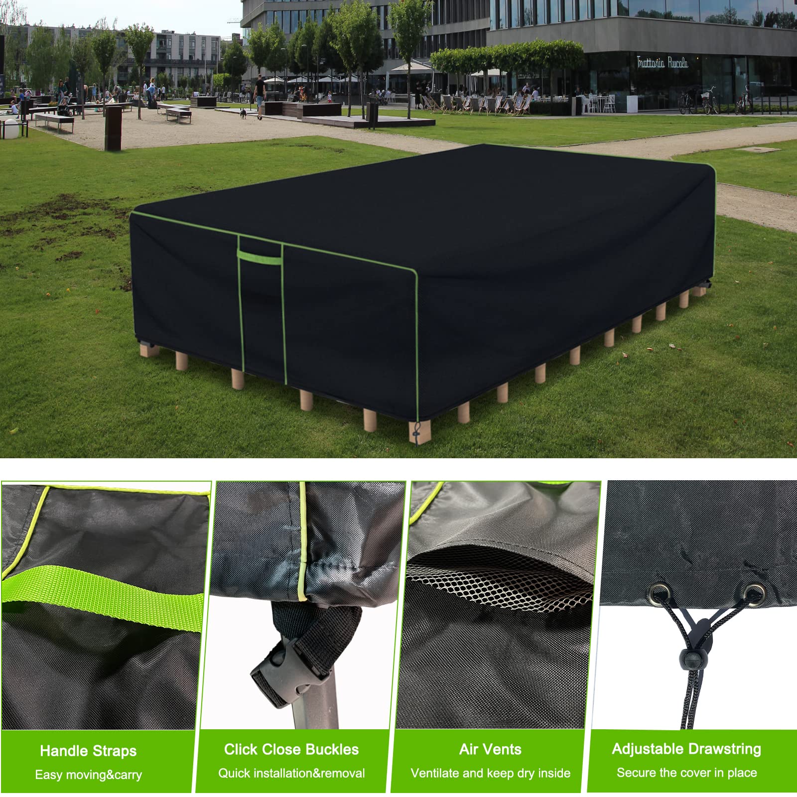 Hightquro Patio Furniture Covers Waterproof, Heavy Duty 600D Outdoor Furniture Covers For Outdoor Dining Table And Chair,Tear Resistance And Anti-Uv, 74'L X 47'W X 28'H, Black With Green Piping