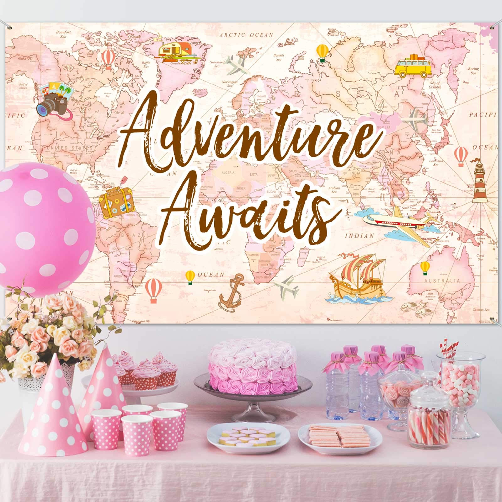 Travel Themed Party Decorations Supplies Adventure Awaits Bon Voyage Backdrop Adventure Map Backdrop For Graduation Birthday Par