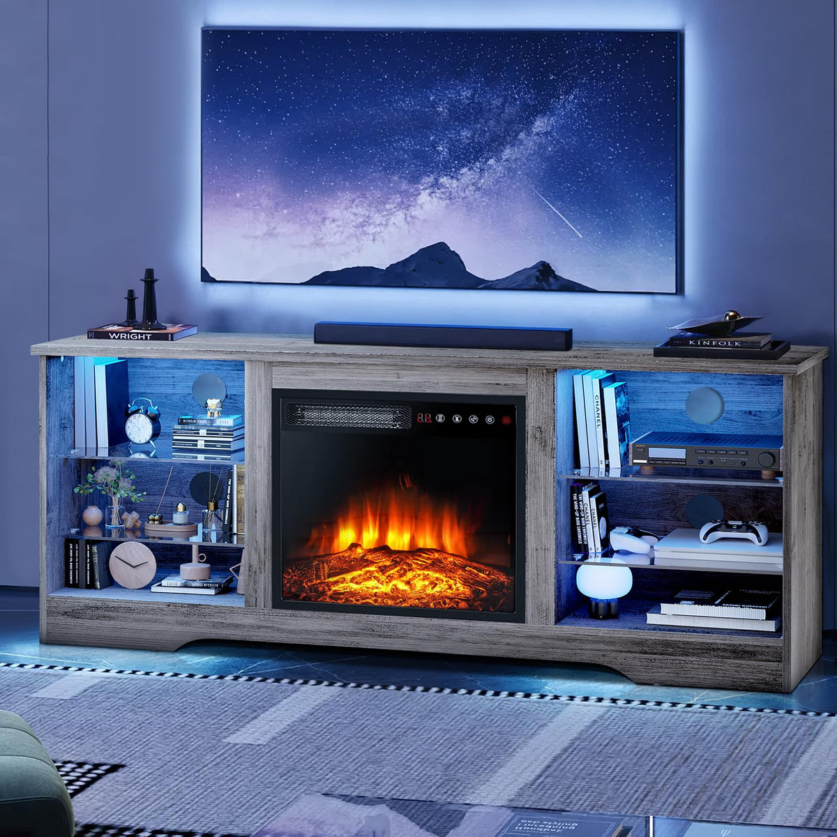 Lemberi 58 Inches Fireplace Tv Stand For Tvs Up To 65 Inches Console With 18'' Electric Fireplace & Remote, Wooden Modern Entertainment Center For Living Room With Led Light Glass Shelves (Grey)