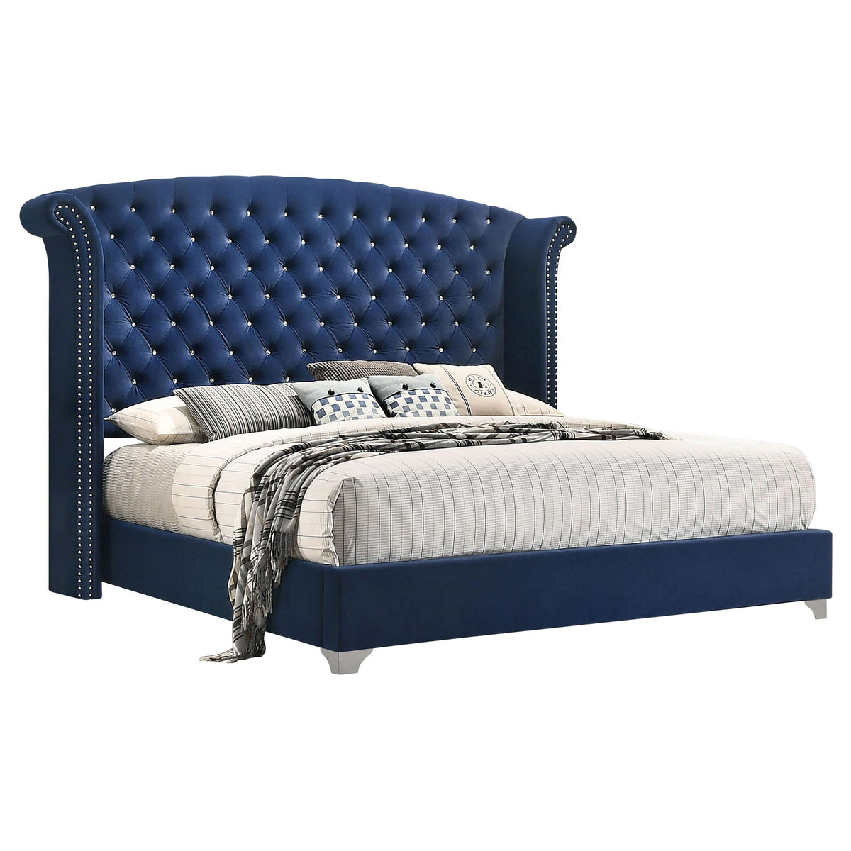 Coaster Home Furnishings Melody Modern Classic Velvet Upholstered Queen Size Wingback Bed Frame 66-inch Headboard Pacific Blue 223371Q