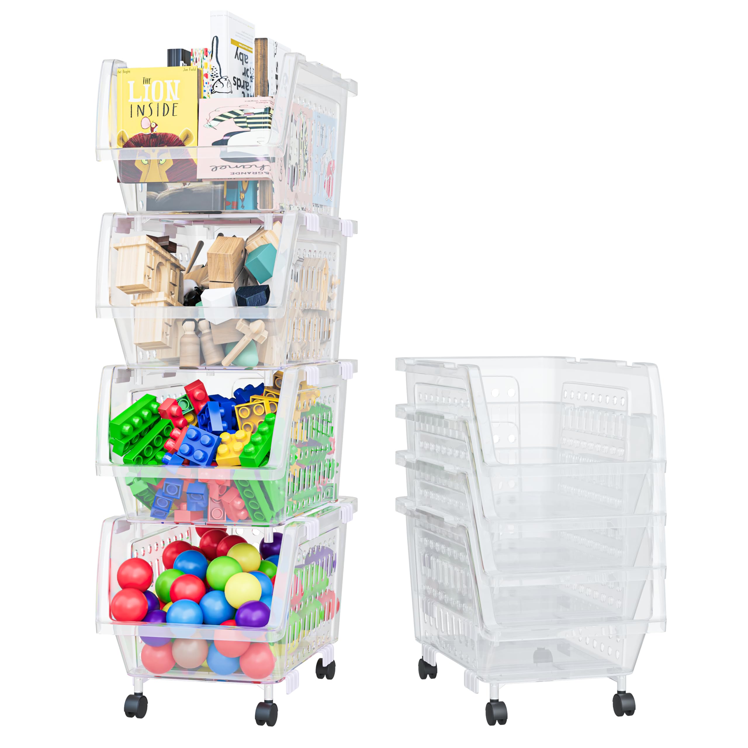 Tidyfriend Stackable Storage Bins Open Front Clear, 4 Pack Small Stackable Storage Bins With Wheels, Toy Organizers, Kitchen, An