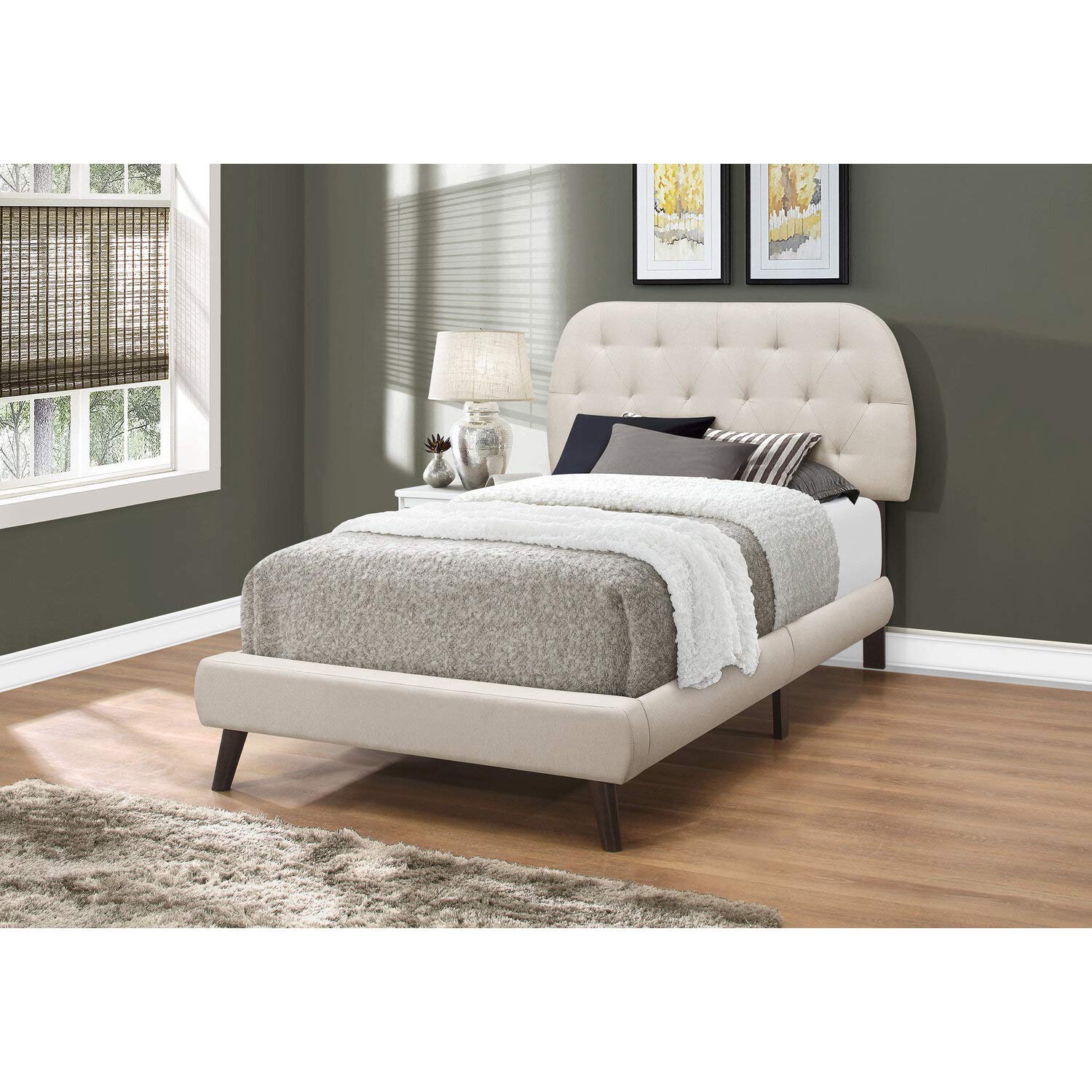 Monarch Specialties I Twin Size/Grey Linen with Brown Wood Legs BED, BEIGE