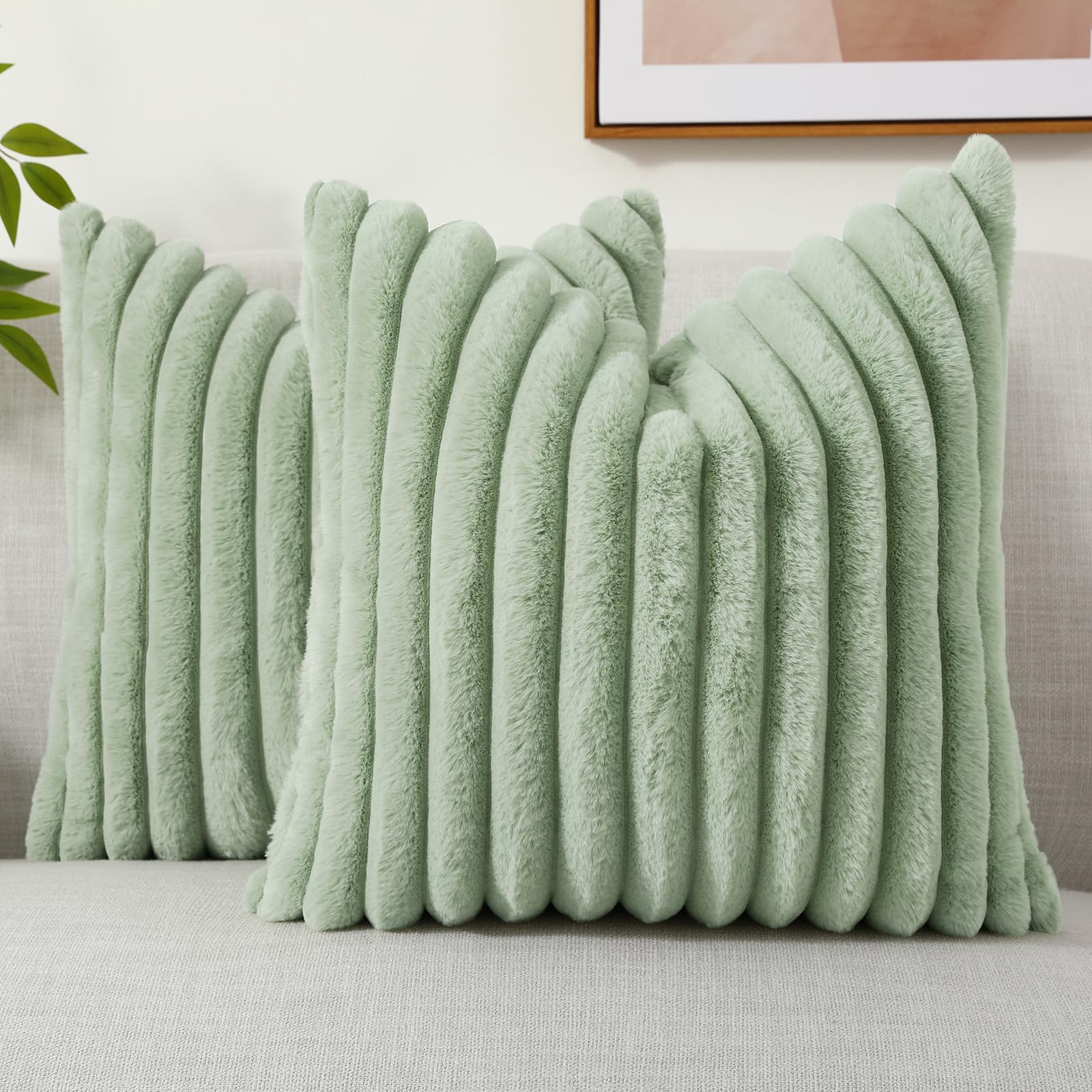 Decoruhome Faux Fur Spring Throw Pillow Covers 16X16 Set Of 2, Decorative Soft Plush Striped Couch Pillow Covers With Velvet Back For Sofa, Bed, Living Room, Sage Green