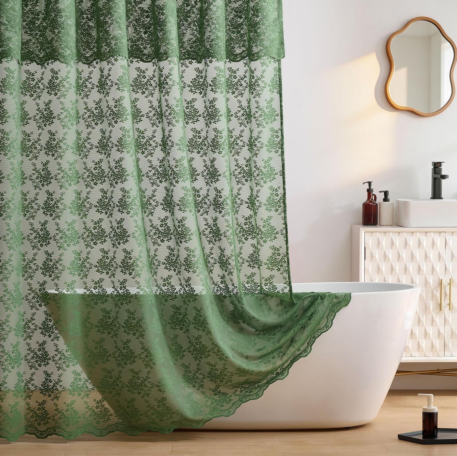 TUDECO Dark Green Shower Curtain for Bathroom, Forest Green Floral Shower Curtain, Lace Sheer Art Deco, Scalloped Edges & Attach