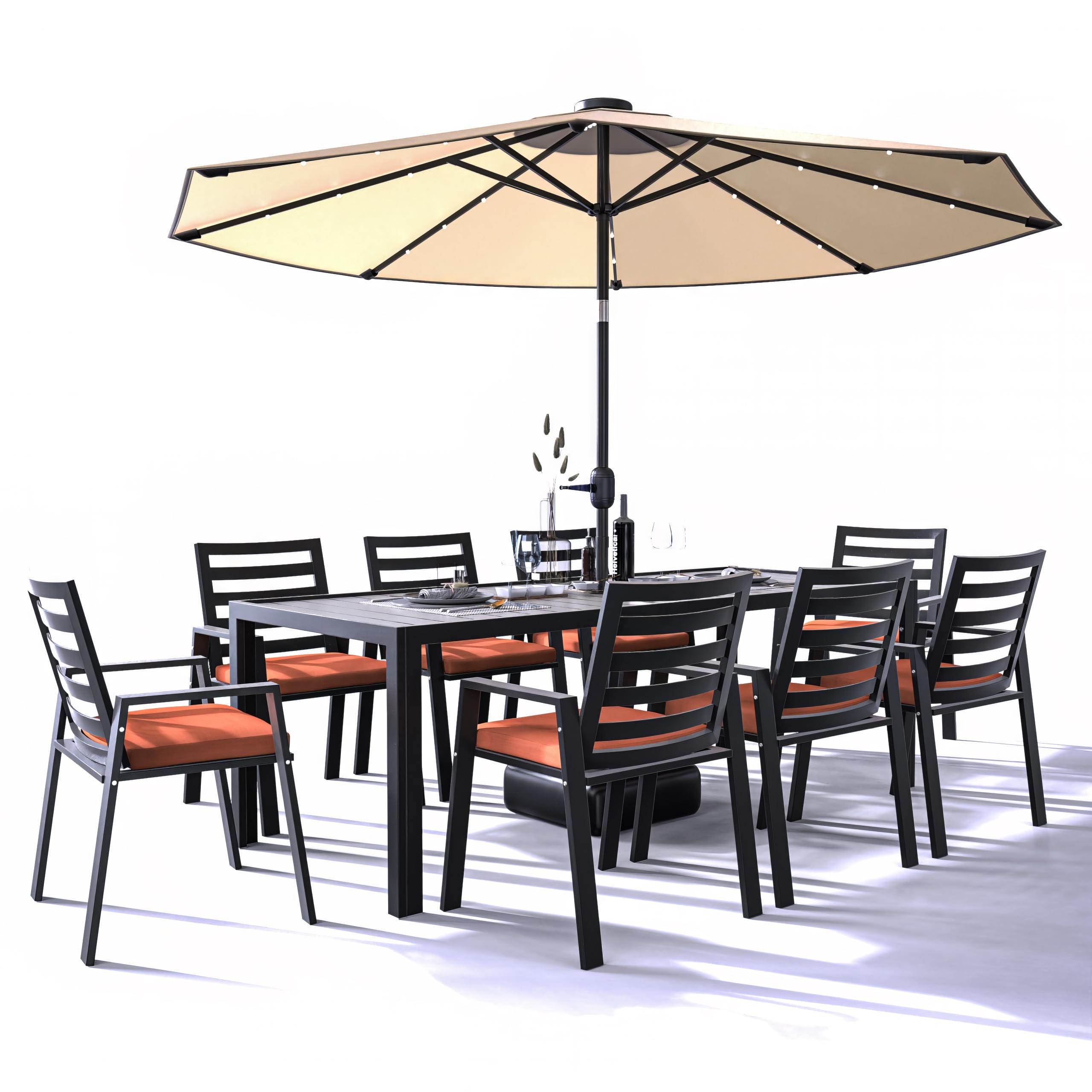 Chelsea Aluminum Outdoor Dining Table 87 With 8 Chairs and Orange Cushions