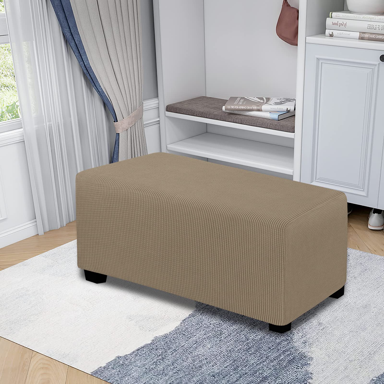 Easy-Going Stretch Ottoman Cover Folding Storage Stool Furniture Protector Soft Rectangle Slipcover With Elastic Bottom(Ottoman Large,Natural)