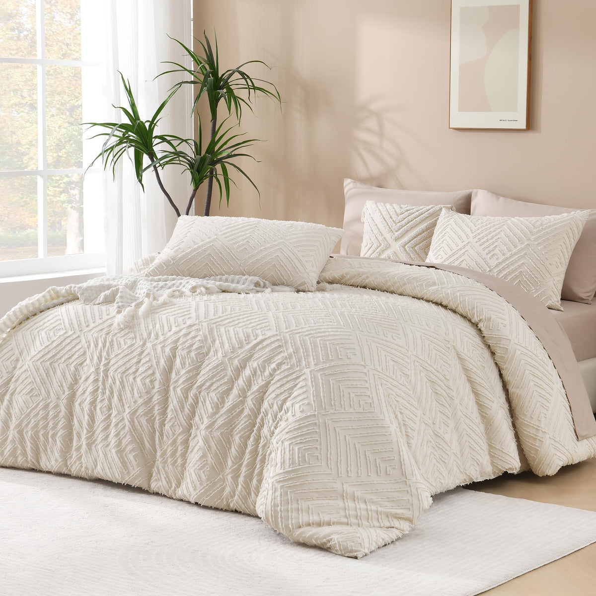 Andency Beige Boho Full Size Comforter Set, 3 Pieces Chevron Tufted Farmhouse Lightweight And Fluffy Bedding Set, All Season Bed Set (79X90In Comforter And 2 Pillow Shams)