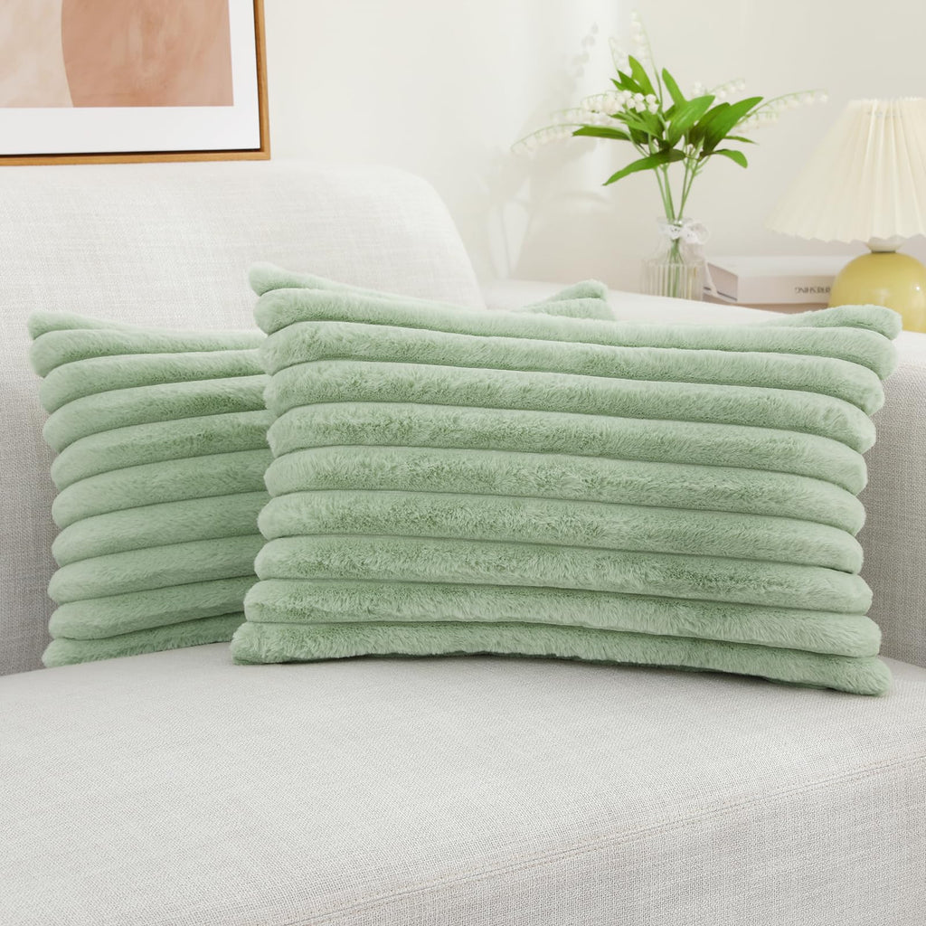 Decoruhome Faux Fur Spring Throw Pillow Covers 12X20 Set Of 2, Decorative Soft Plush Striped Lumbar Couch Pillow Covers With Velvet Back For Sofa, Bed, Living Room, Sage Green