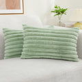 Decoruhome Faux Fur Spring Throw Pillow Covers 12X20 Set Of 2, Decorative Soft Plush Striped Lumbar Couch Pillow Covers With Velvet Back For Sofa, Bed, Living Room, Sage Green