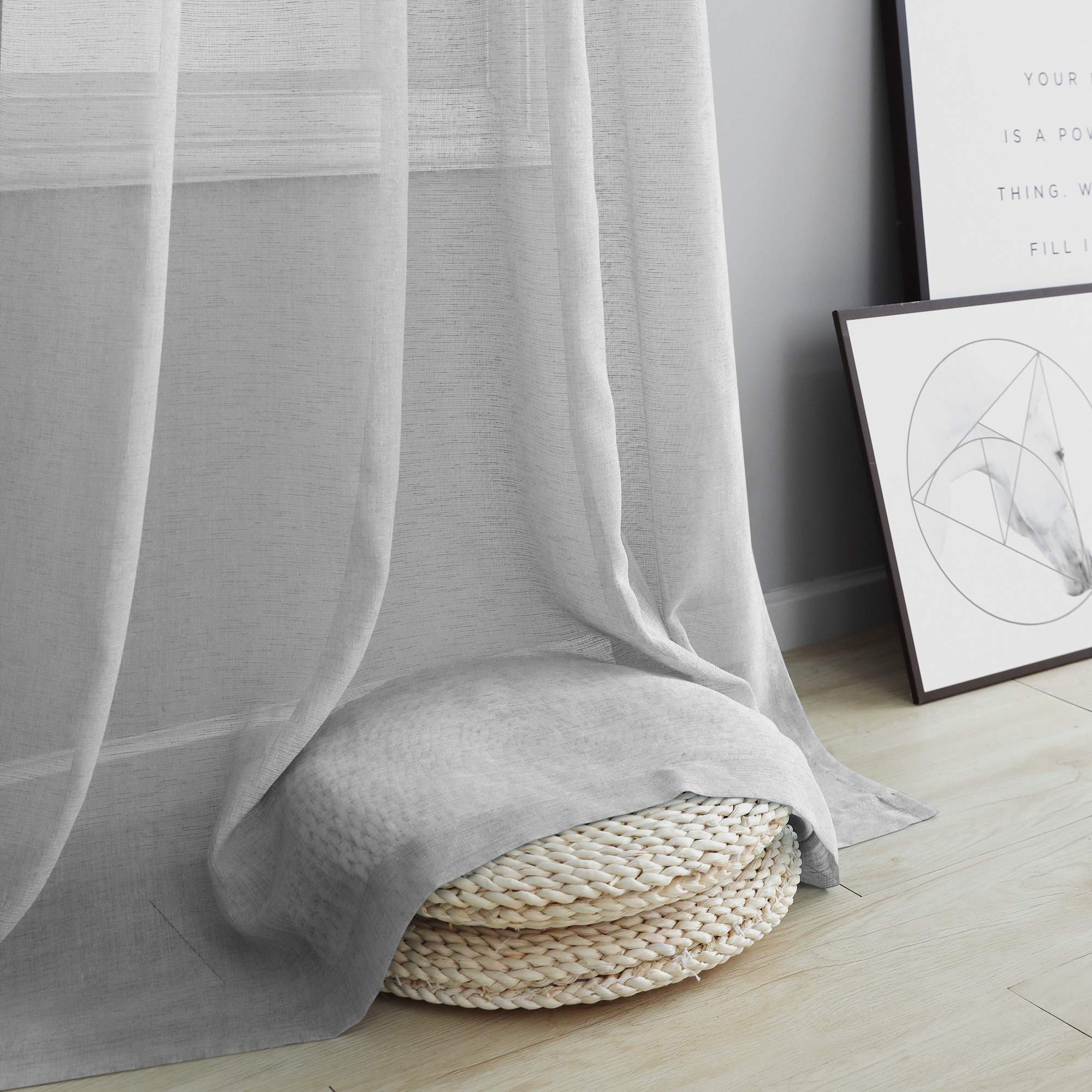 Gray Sheer Curtains 96 Inches Long For Living Room 2 Panels Grommet Woven Textured Voile Drapes Flowy Lightweight Floor Length C