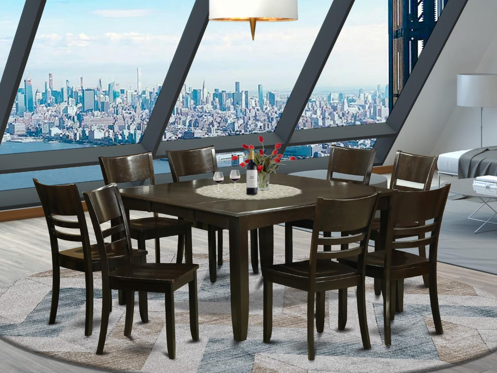 East West Furniture PFLY9-CAP-W 9 Piece Dining Table Set Includes a Square Dining Room Table with Butterfly Leaf and 8 Wood Seat Chairs, 54x54 Inch, Cappuccino