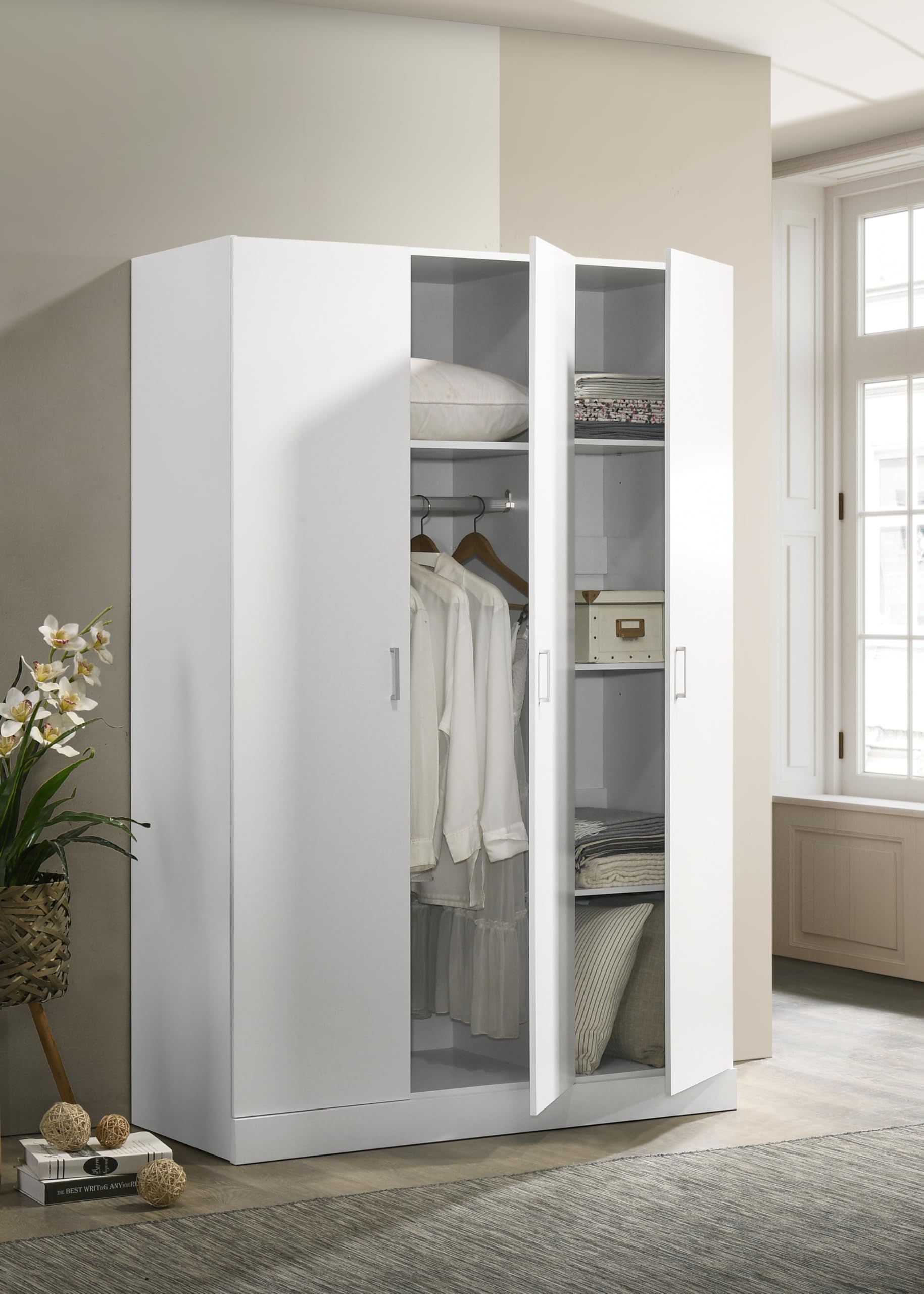 LILOLA LIVING Declan White 3-Door Wardrobe Cabinet Armoire with Storage Shelves and Hanging Rod