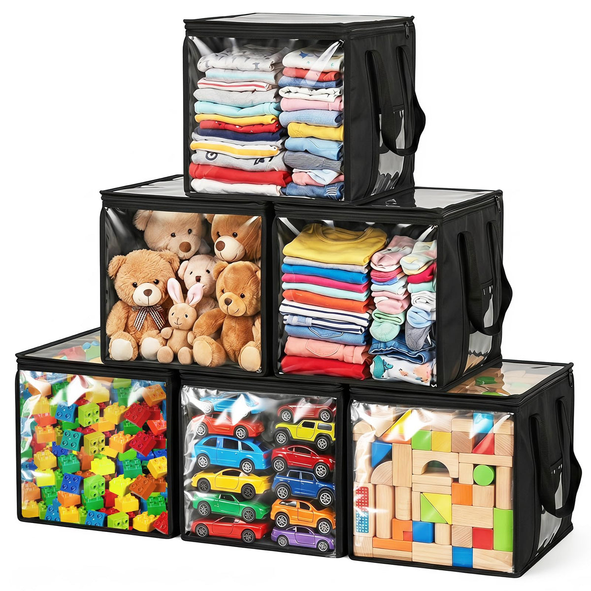 EVELOMO 6 Pack Cube Toy Storage Bag, 12 x 12 Large Toys Storage Bin Organizers, Foldable PVC Boxes with Handles, Toy Storage f