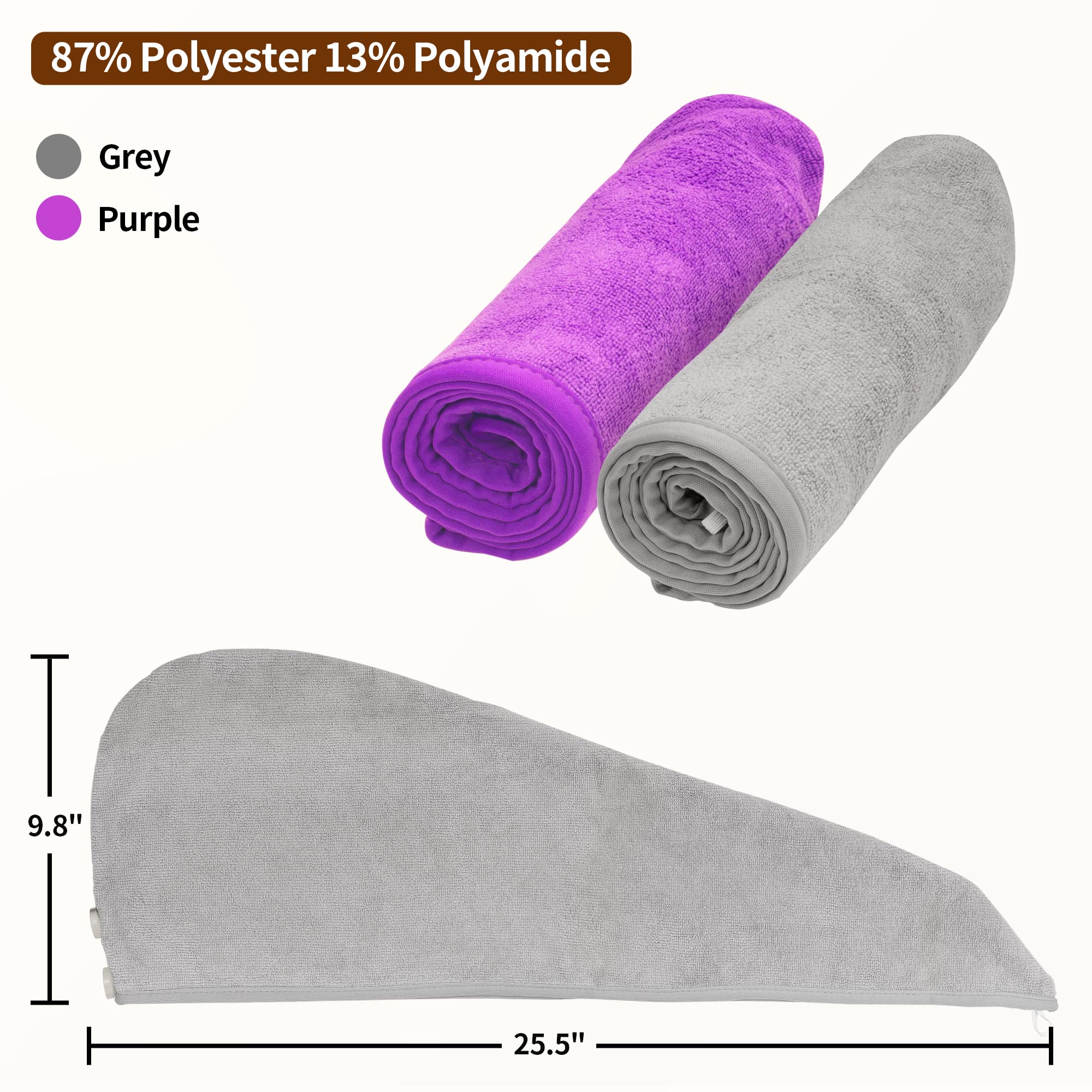 Nexcover Microfiber Hair Towel, 2 Pack (Grey+Purple) 9.8 Inch X 25.5 Inch Hair Turbans,Ultra Absorbent,Fast Drying Towel Wraps,H
