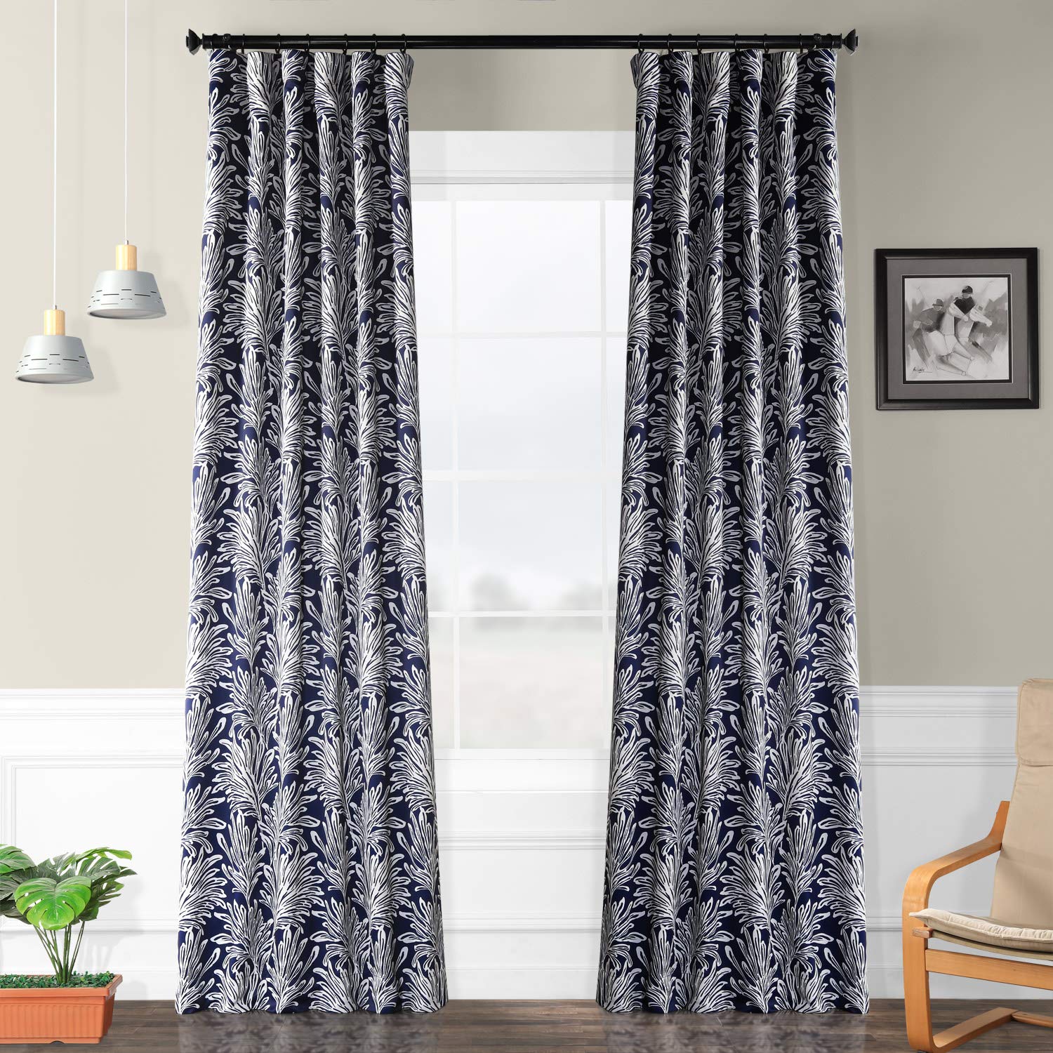 HPD Half Price Drapes Pattern Room Darkening Curtains for Bedroom & Living Room 50 X 96 (1 Panel), BOCH-KC103A-96, Flora Navy