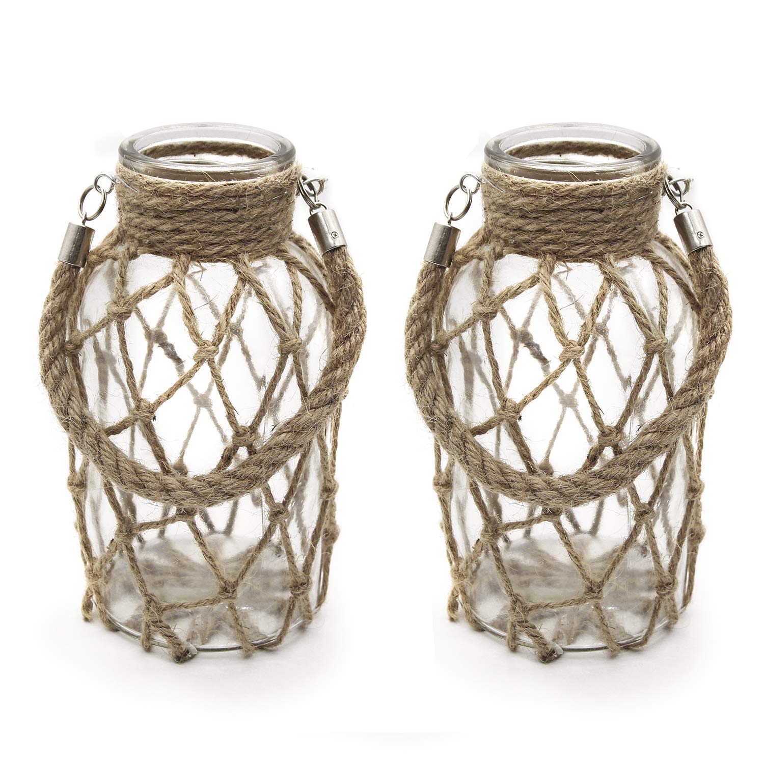 Funsoba Rustic Hanging Mason Nautical Jar Rope Net Dry Flower Glass Vase with Handle Pack of 2 (2 Vase 8)