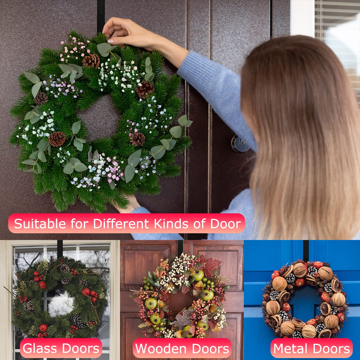 Komotu 12' Wreath Hanger For Front Door Halloween Christmas Easter Decoration Metal Over The Door Single Hook Ornament Wreath D