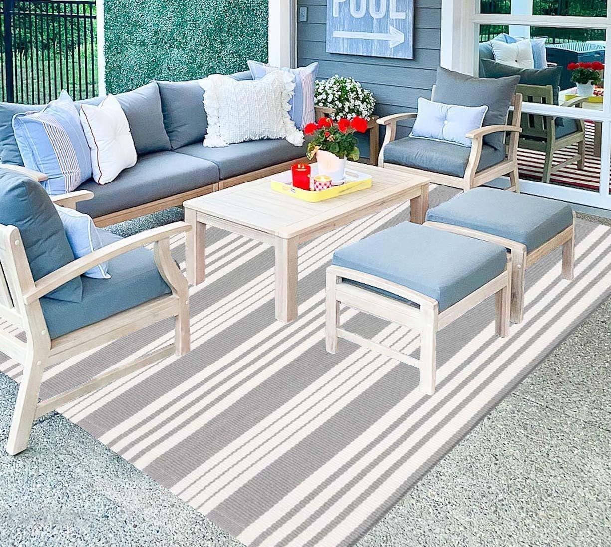 Buagetup Grey And White Striped Outdoor Patio Rug 4' X 6',Hand Woven Cotton Patio Rug Front Porch Rug Indoor Outdoor Area Rug Fo