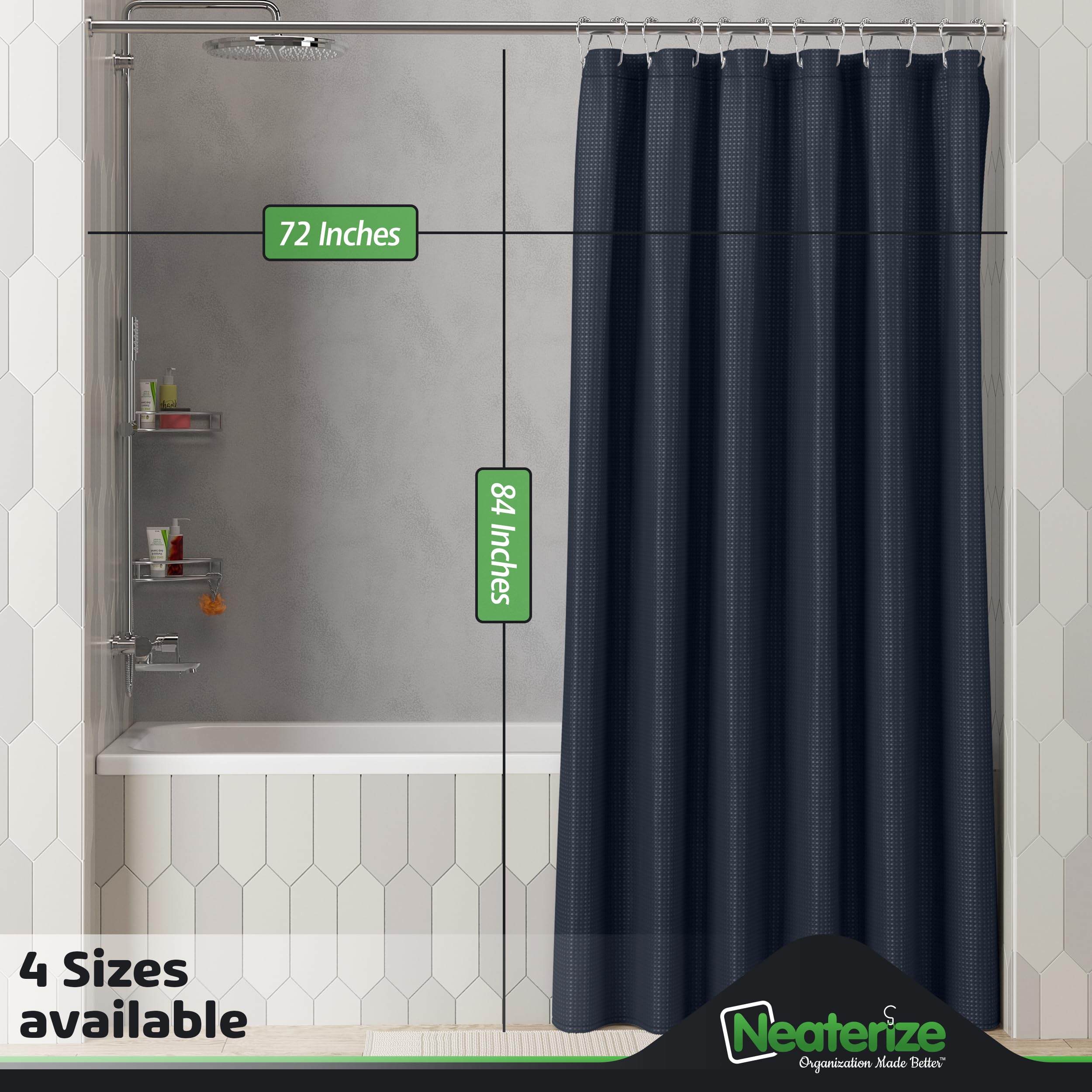 Neaterize Shower Curtain Navy Blue - Hotel Style Shower Curtains For Bathroom With Waffle Design, 72X84 Inches - Fabric Shower C