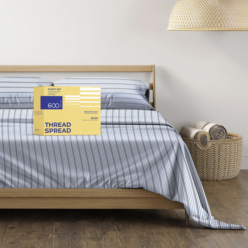 Thread Spread 100% Egyptian Cotton Printed Bed Sheets - 600 Thread Count 4 Pc Queen Sheet Set, Hotel Luxury Sateen Bedsheets, 16' Deep Pocket Soft Cooling Sheets For Queen Size Bed - Variegated Stripe