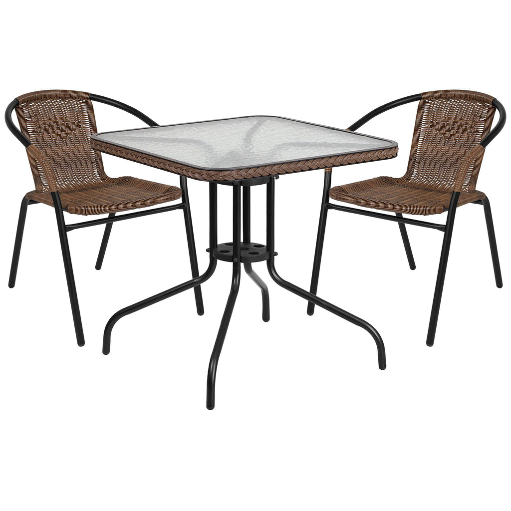 Flash Furniture Lila 3-Piece 28" Square Indoor/Outdoor Patio Table And Chairs Set, Glass Metal Bistro Table And 2 Stacking Rattan Chairs, Brown