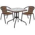 Flash Furniture Lila 3-Piece 28" Square Indoor/Outdoor Patio Table And Chairs Set, Glass Metal Bistro Table And 2 Stacking Rattan Chairs, Brown