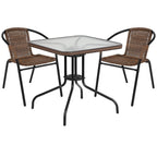Flash Furniture Lila 3-Piece 28" Square Indoor/Outdoor Patio Table And Chairs Set, Glass Metal Bistro Table And 2 Stacking Rattan Chairs, Brown