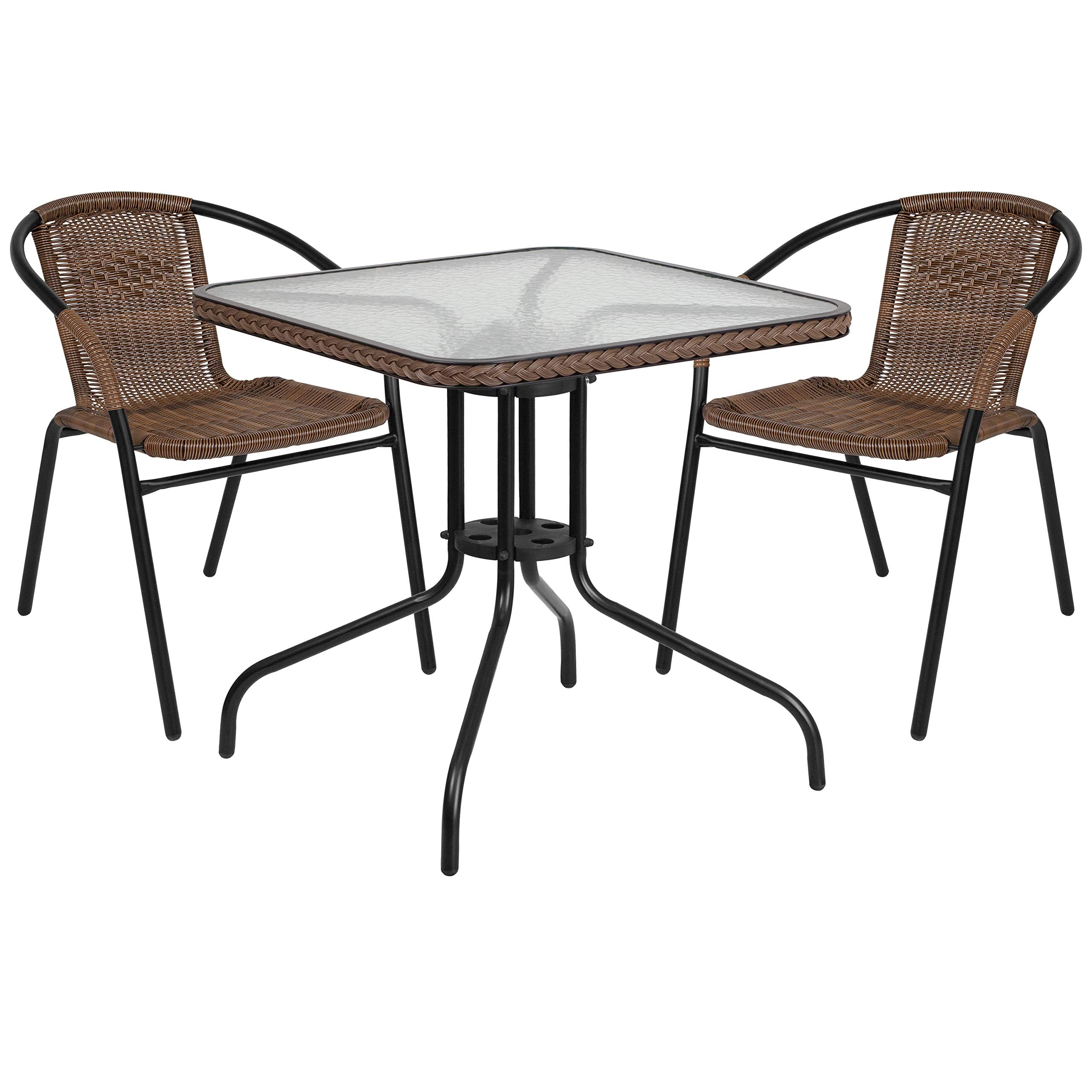 Flash Furniture Lila 3-Piece 28" Square Indoor/Outdoor Patio Table And Chairs Set, Glass Metal Bistro Table And 2 Stacking Rattan Chairs, Brown