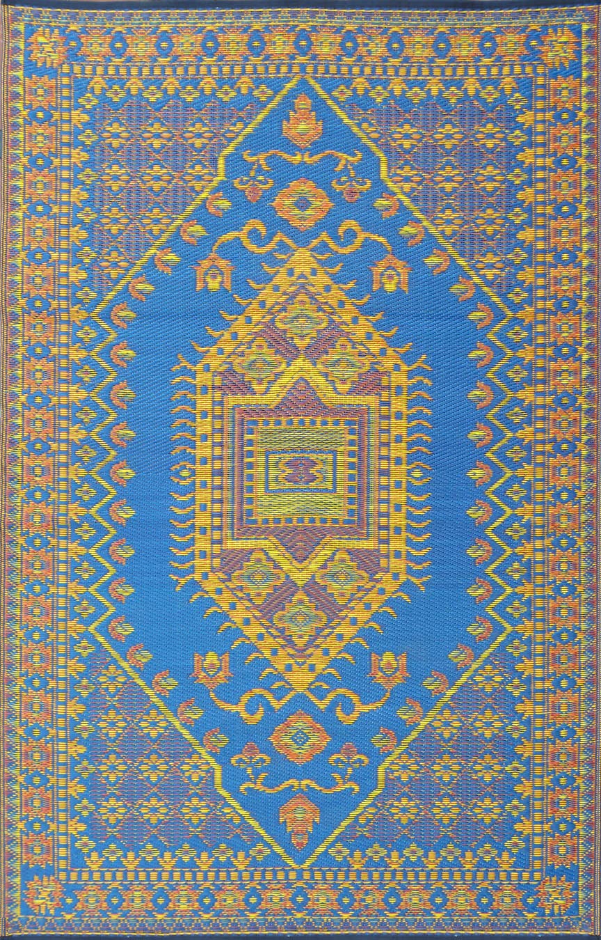 Mad Mats Traditional Outdoor Rug, Reversible Plastic Mat (4' X 6', Oriental Turkish - Blue)