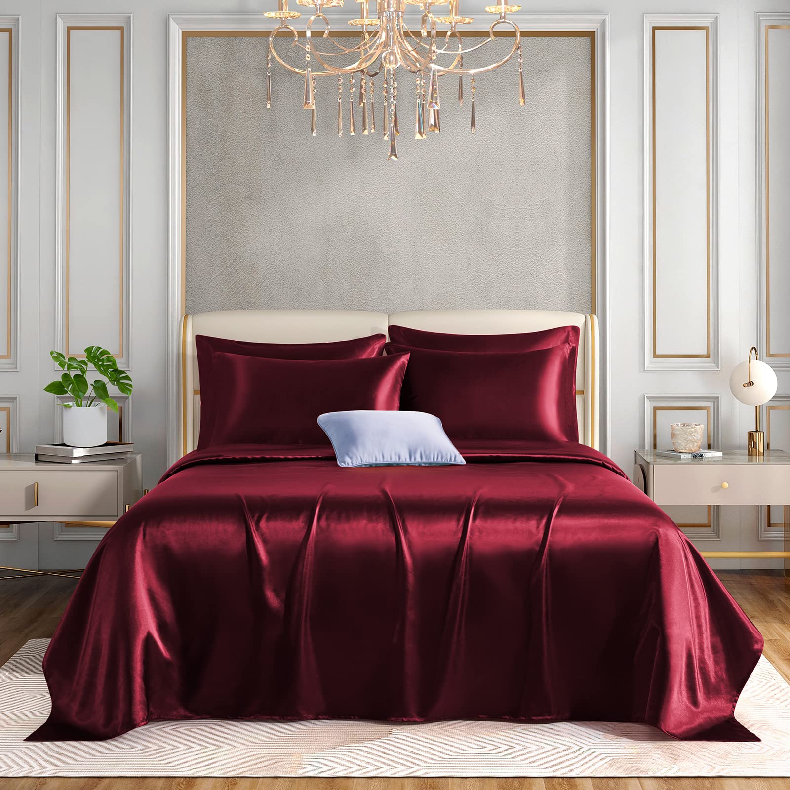 Horbaunal 6 Piece Satin Sheet Set King Size Luxury Silky & Soft Burgundy Satin King Bed Sheet Set With 16'' Deep Pocket, 1 Fitte