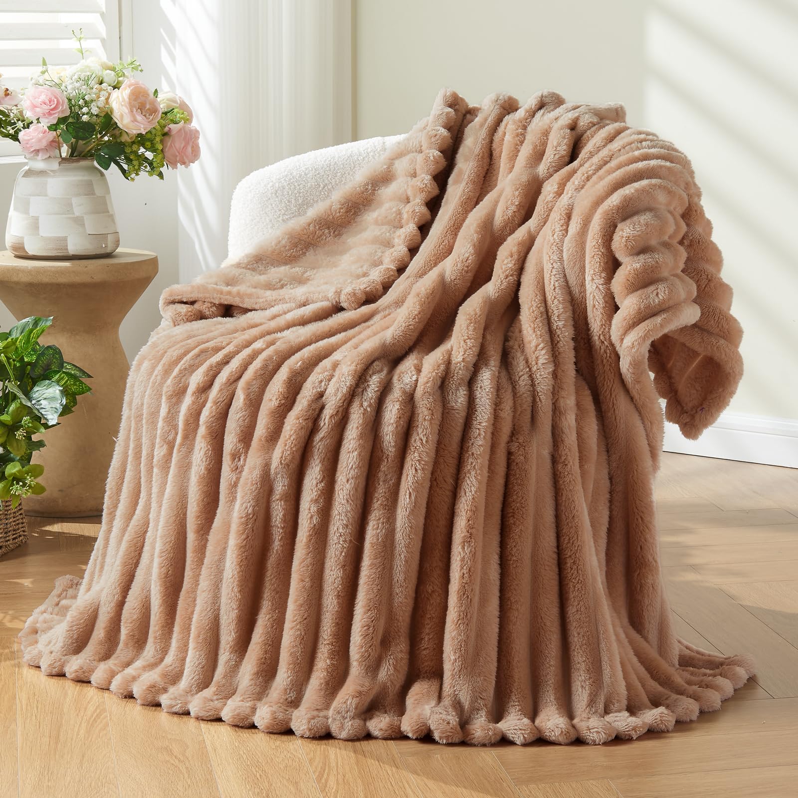 Newcosplay Super Soft Twin Blanket Taupe Premium Silky Flannel Fleece 3D Ribbed Jacquard Lightweight Bed Blanket All Season Use