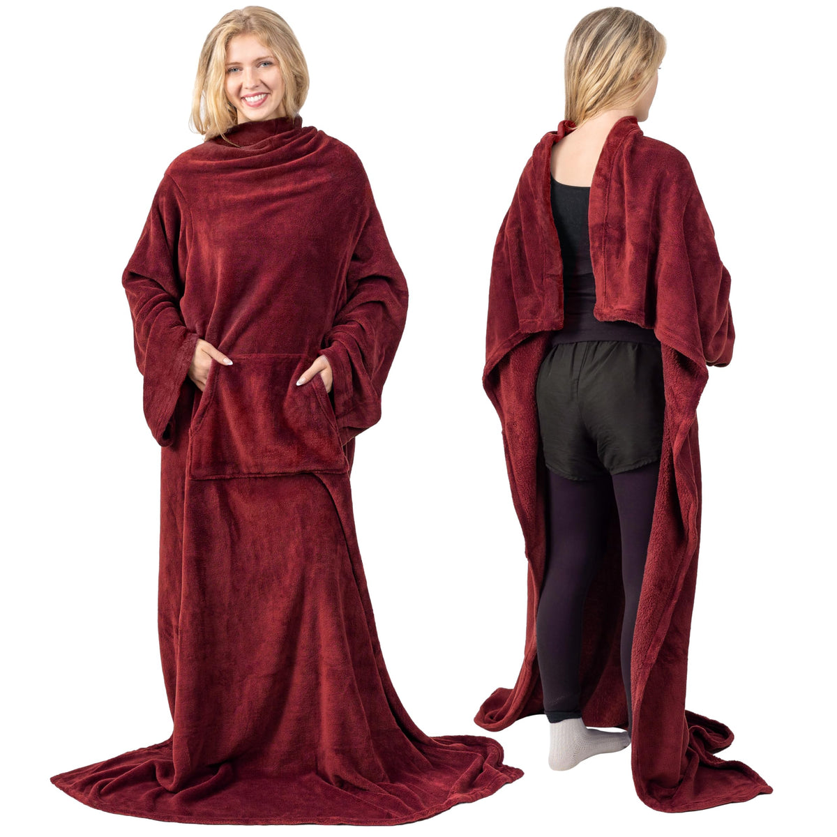 Pavilia Wine Red Fleece Wearable Blanket With Sleeves For Adults Women Men, Soft Warm Full Body Wrap Throw, Sweatshirt Pocket, C